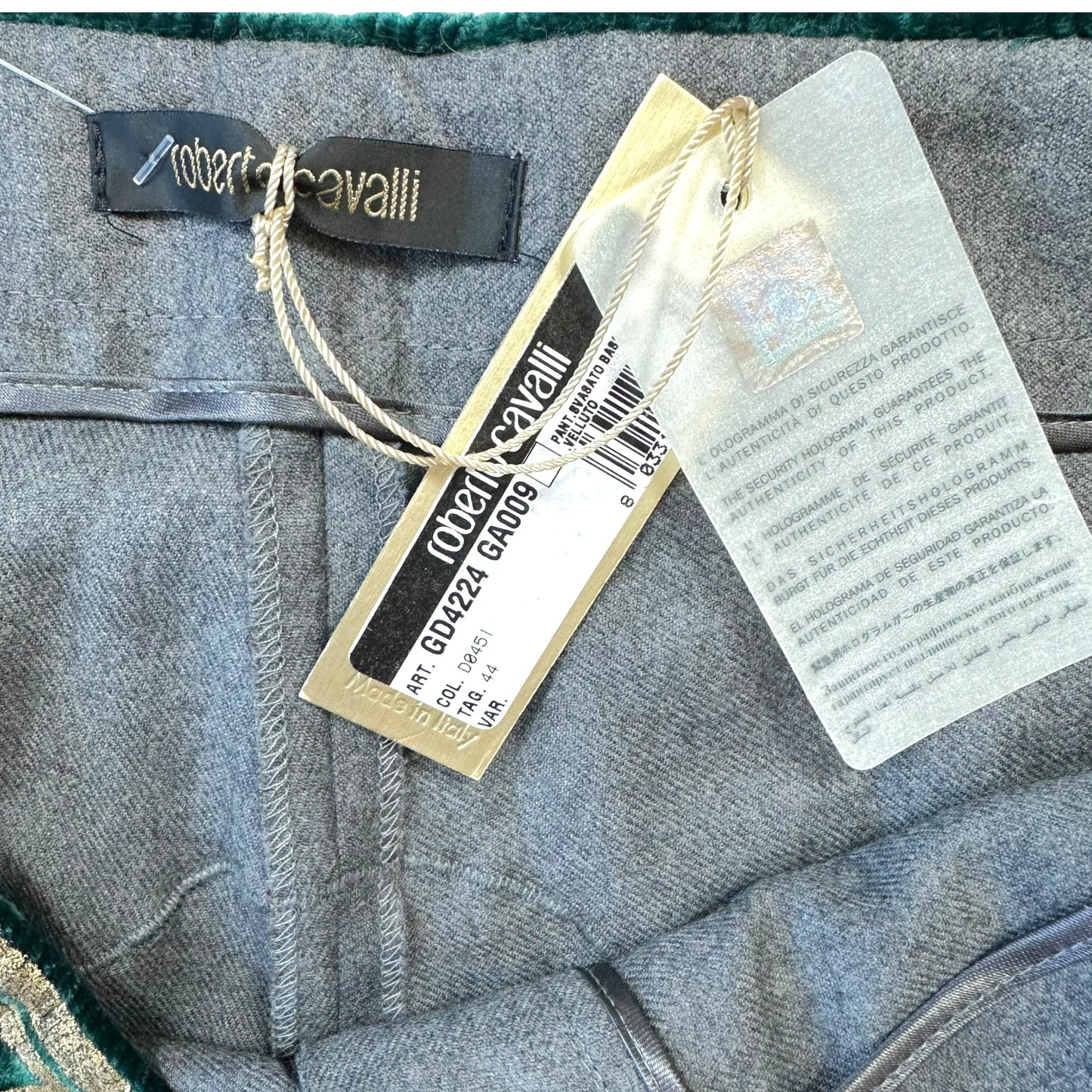 Roberto Cavalli F/W 2006 Green & Gold Velvet Trim Wool Pants NEW