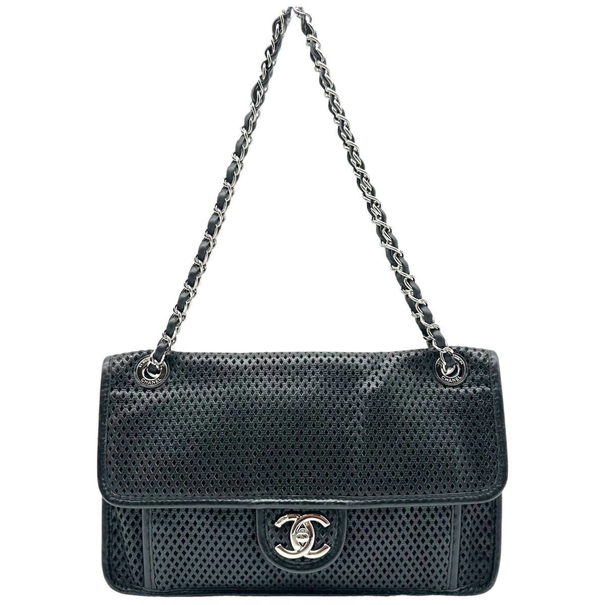 Chanel Black Perforated Leather Medium Flap Shoulder Bag