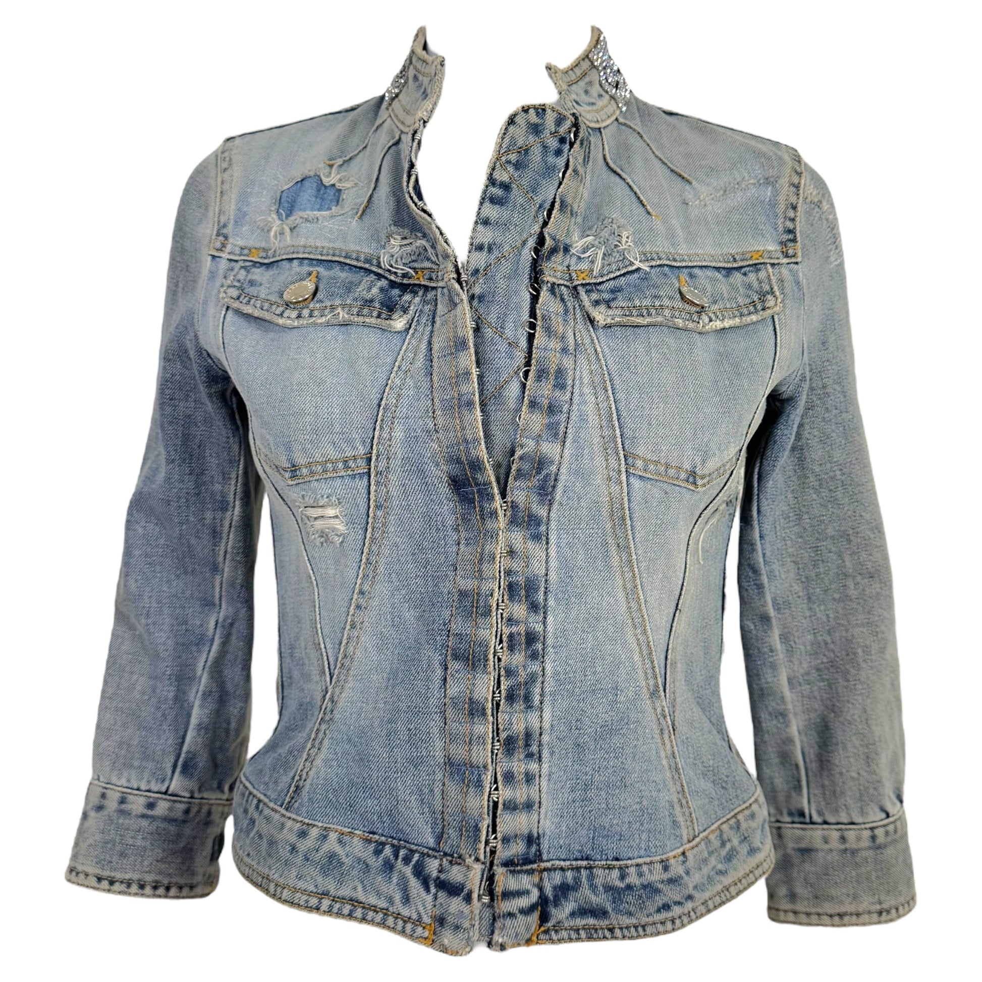 Dolce & Gabbana Denim Hook & Eye Rhinestone Logo Collar Denim Jacket - Outfit Repeater