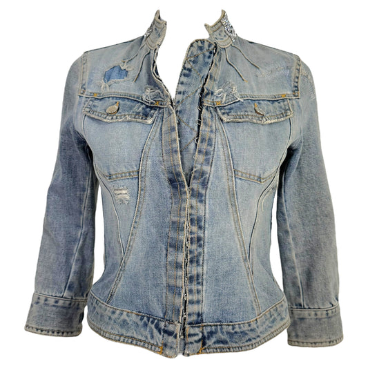 Dolce & Gabbana Denim Hook & Eye Rhinestone Logo Collar Denim Jacket - Outfit Repeater