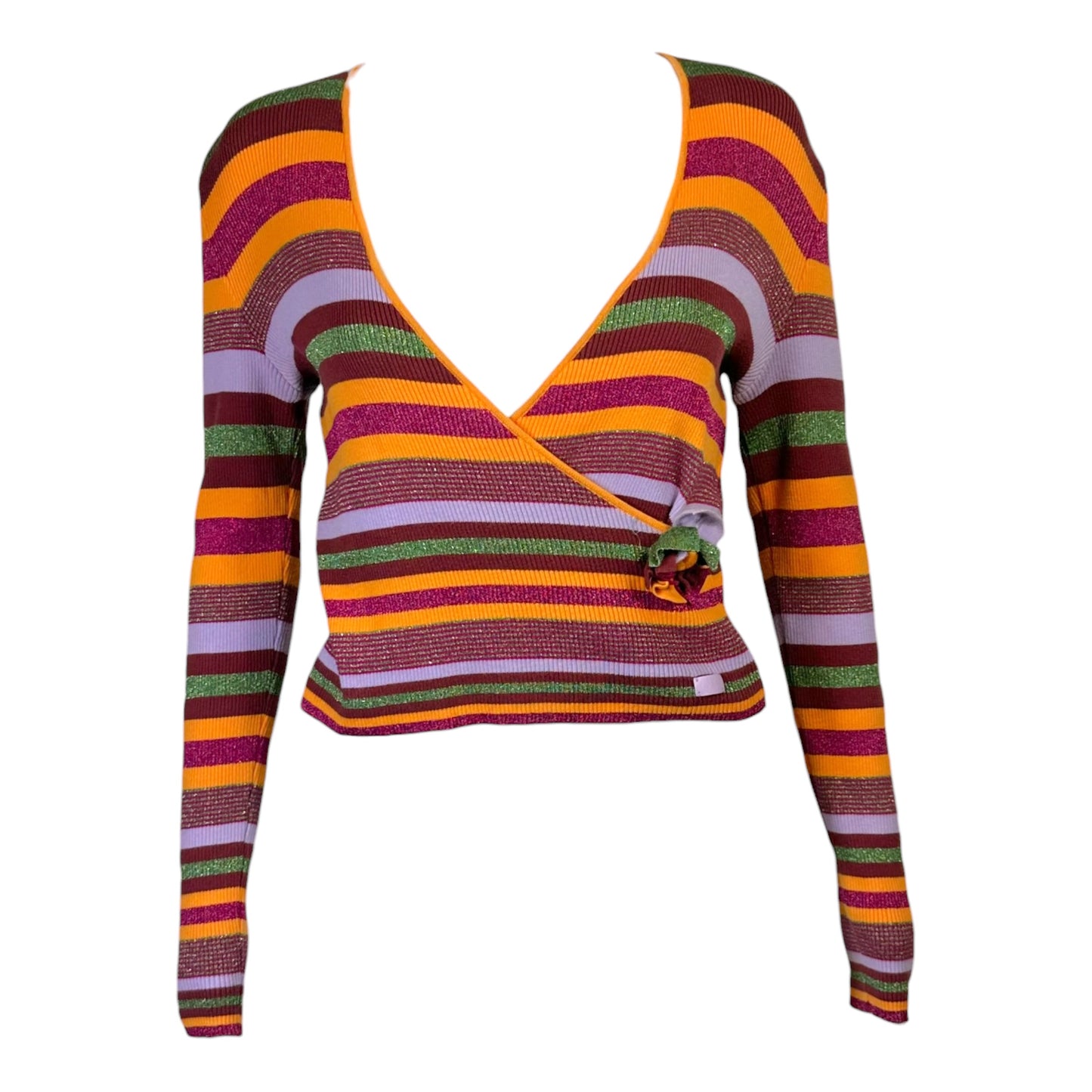 Chanel Spring 2001 Purple & Orange Metallic Striped Wrap Style Sweater Top