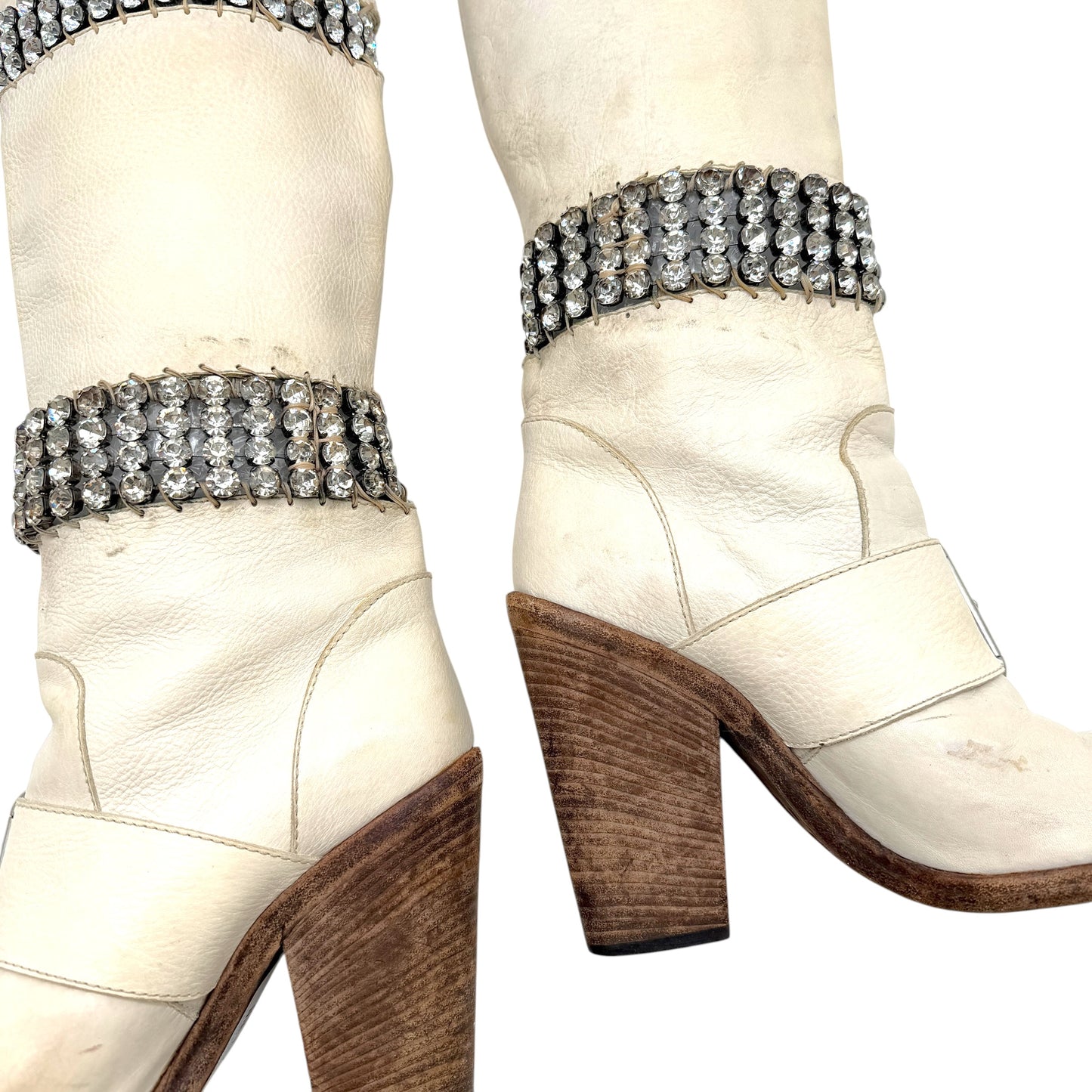 Dolce & Gabbana White Leather & Crystal Heeled Boots
