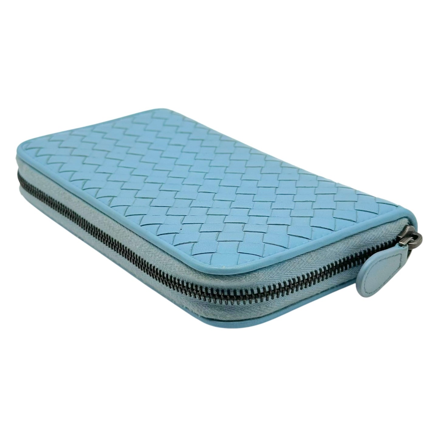 Bottega Veneta Long Zip Wallet Light Blue Intrecciato Leather