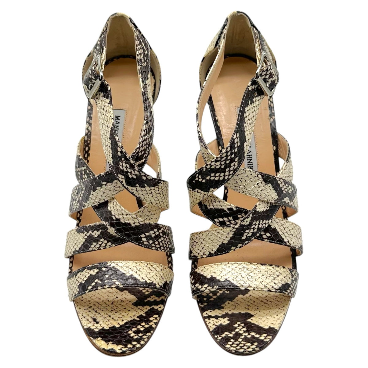 Manolo Blahnik Black & Ivory Python Strappy Heeled Pumps