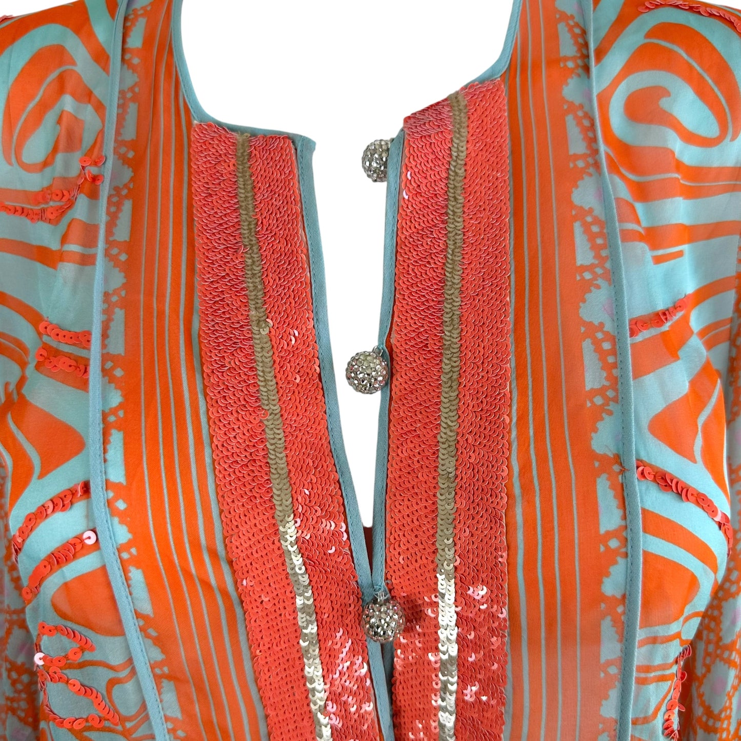 Blumarine Mini Dress Orange Turquoise Sequin Silk Sheer