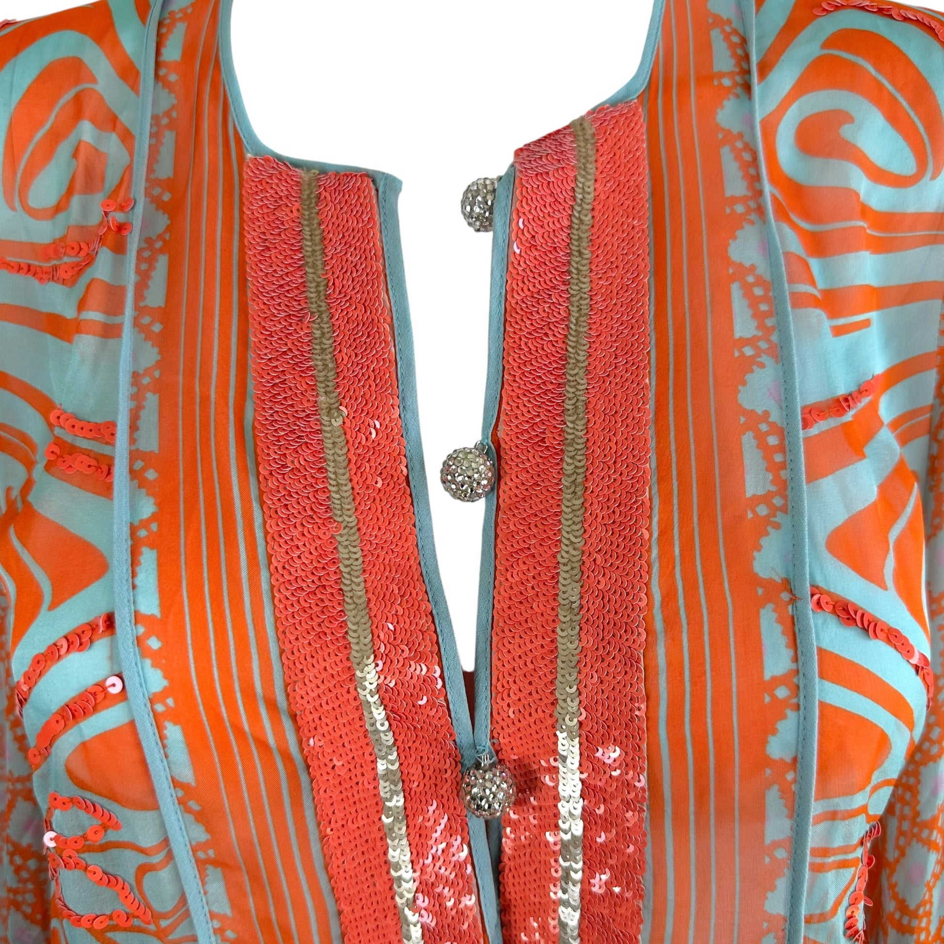 Blumarine Mini Dress Orange Turquoise Sequin Silk Sheer