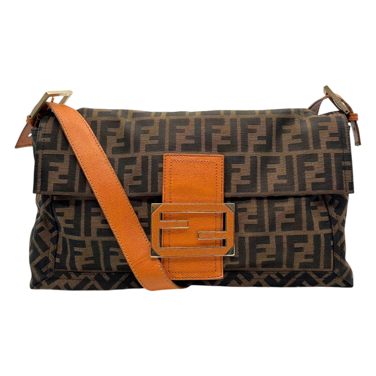 Fendi Classic Zucca Monogram & Cognac Leather Oversized Baguette Crossbody Bag