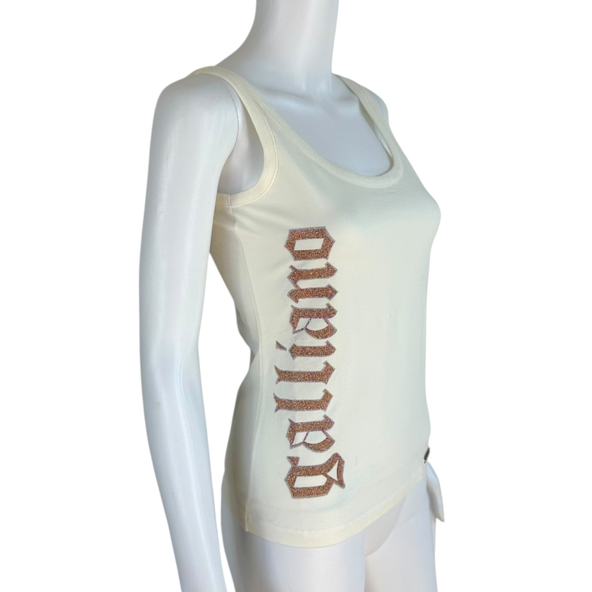 Galliano White Orange Glitter Logo Tank Top XS
