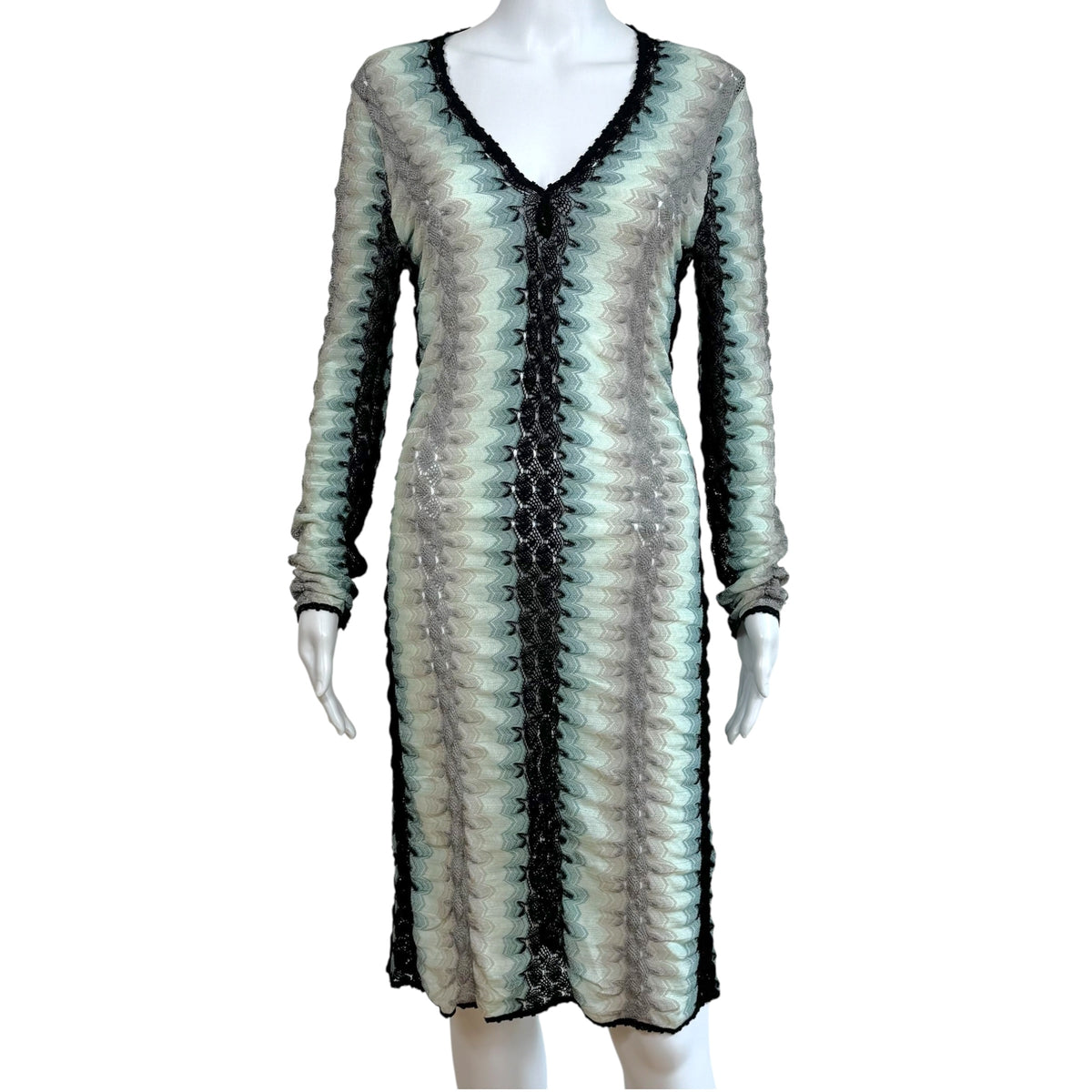 Missoni Turquoise Black & Gray Chevron Knit Longsleeve Midi Dress