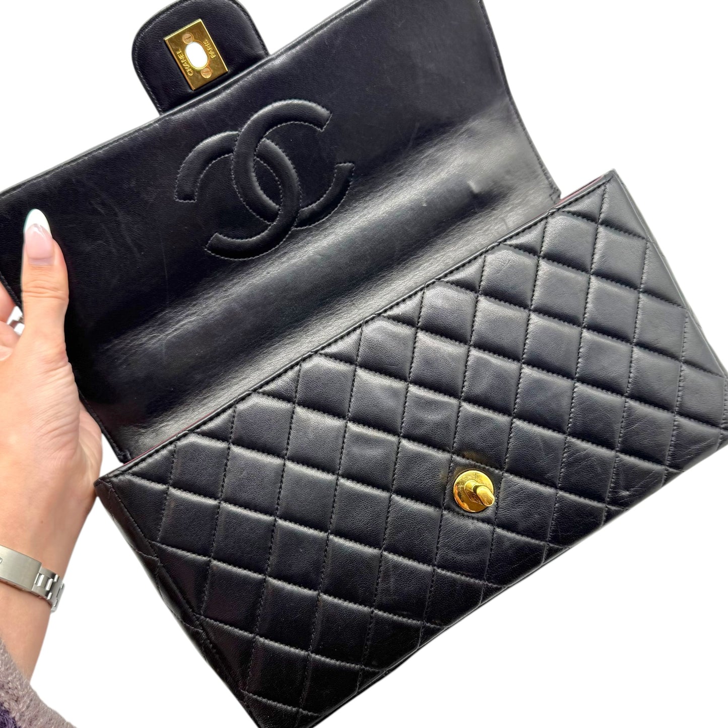 Chanel Black Matelasse Lambskin Top Handle Kelly Flap Bag 1994-96