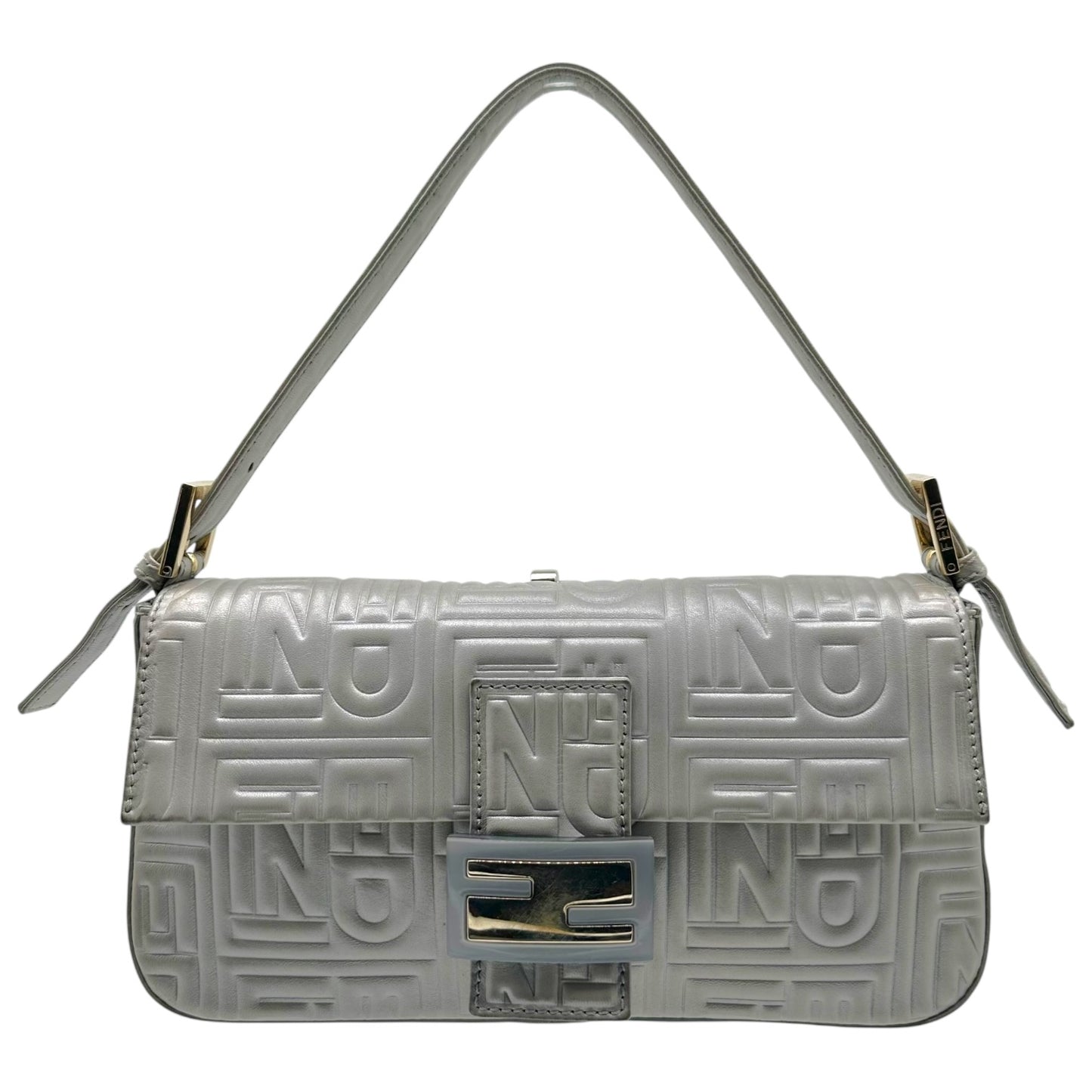 Fendi Silver Logo Embossed & Gold Hardware Baguette Bag