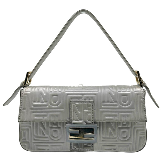 Fendi Silver Logo Embossed & Gold Hardware Baguette Bag