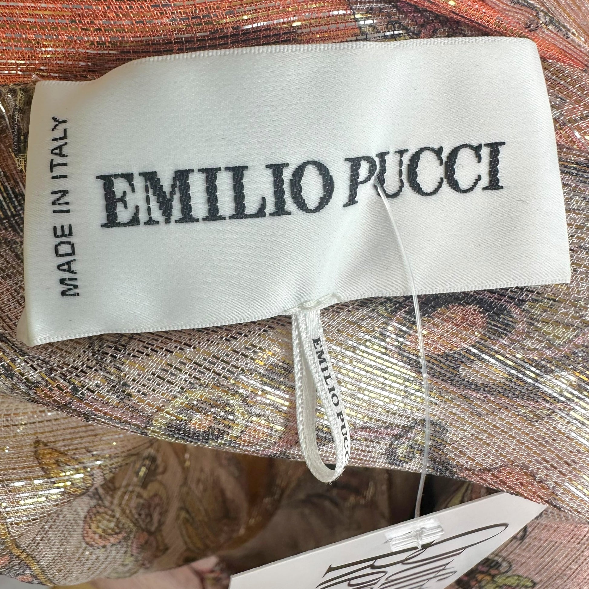 Emilio Pucci Silk Blouse Orange Pink Metallic Tie Neck