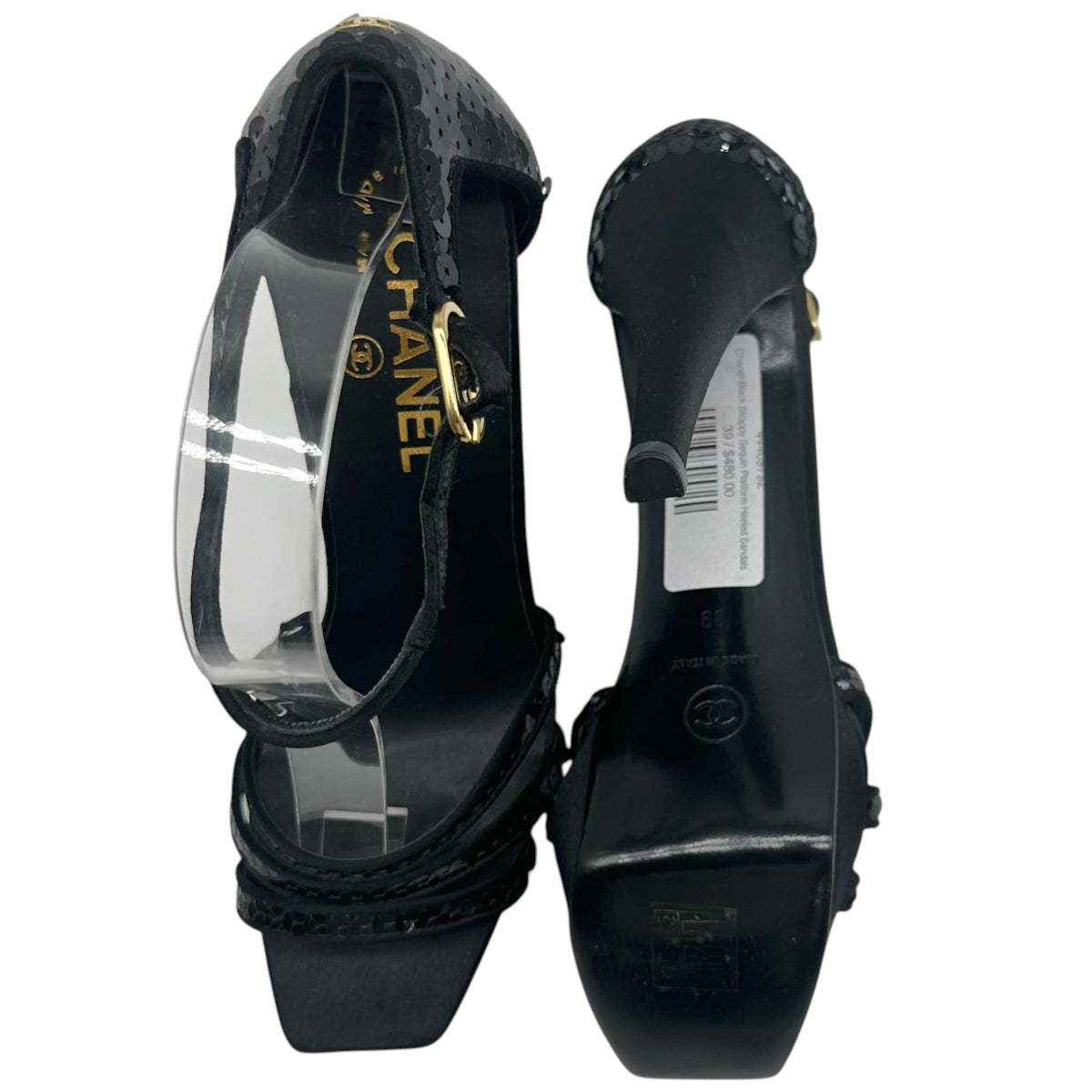 Chanel Black Strappy Sequin Platform Heeled Sandals