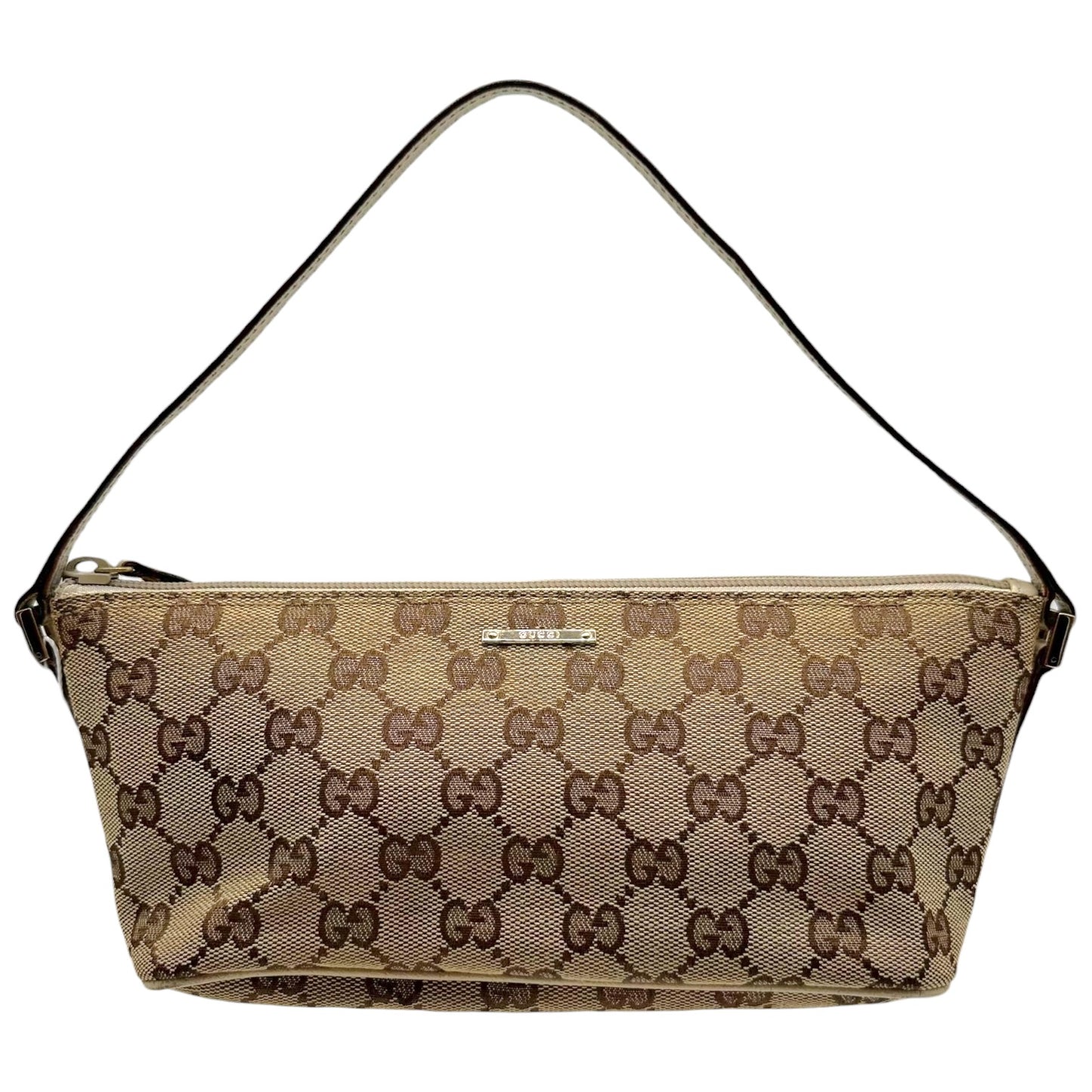 Gucci Tan Monogram & Ivory Leather Boat Pochette Bag