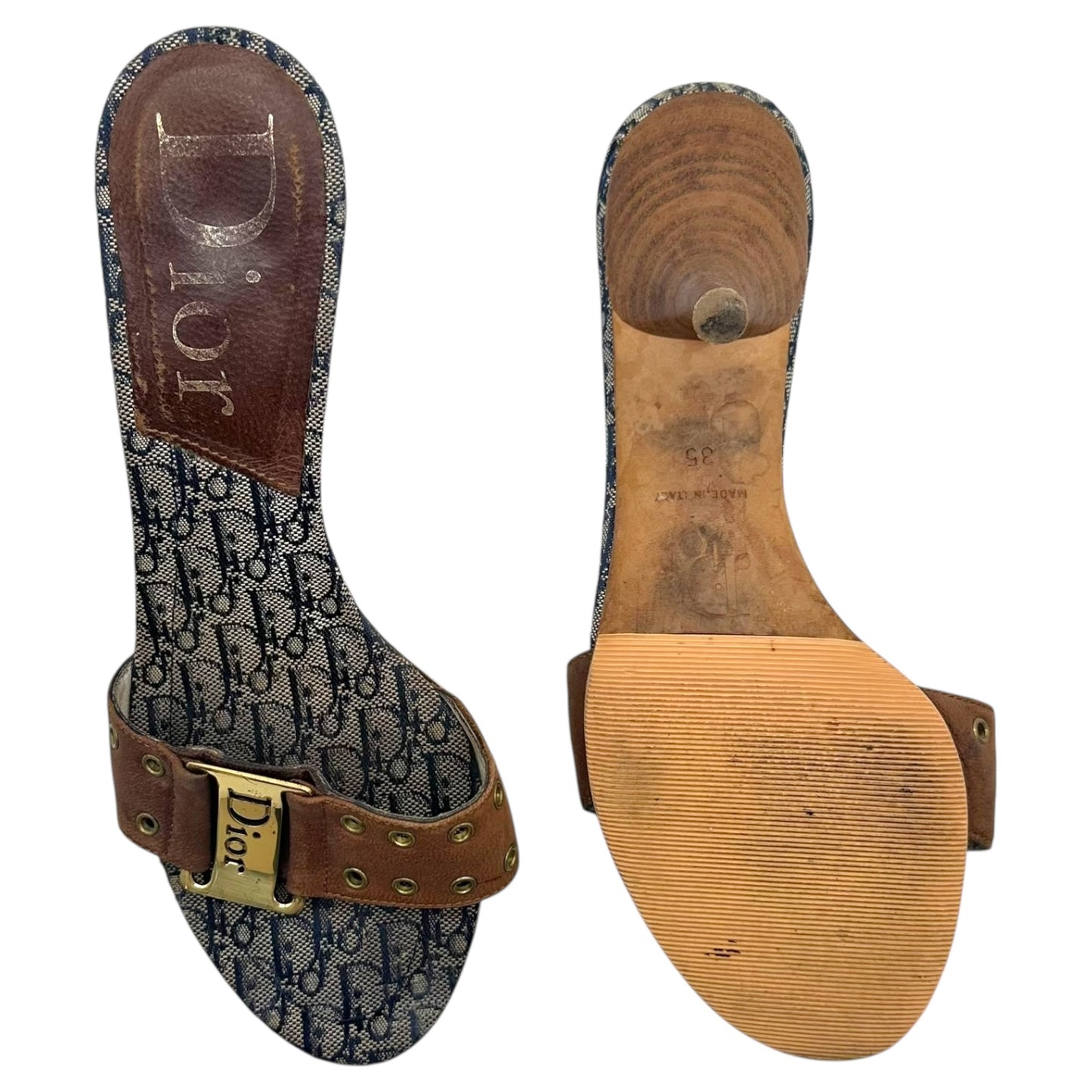 Christian Dior Street Chic Brown & Blue Logo Kitten Heel Mules