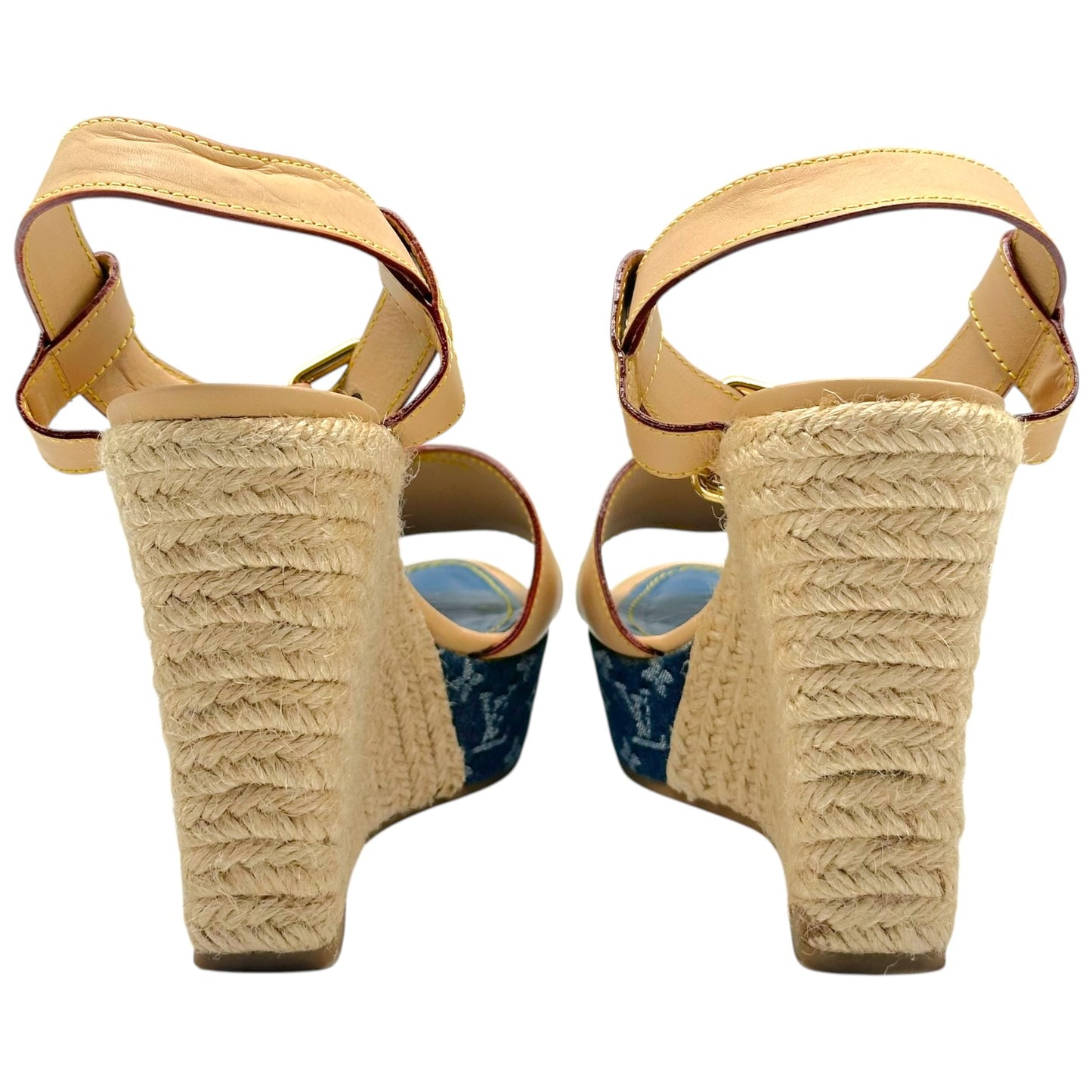 Louis Vuitton Denim Monogram & Raffia Heeled Wedge Sandals