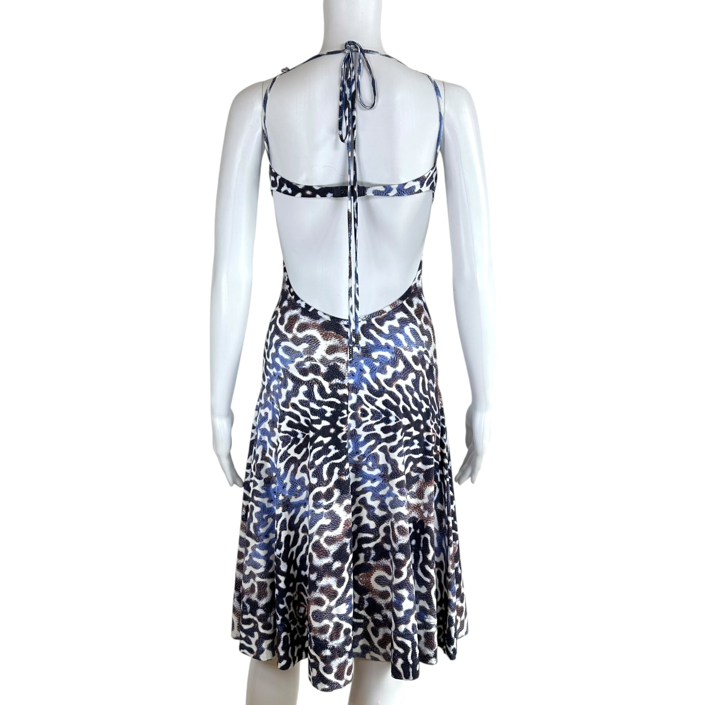 Roberto Cavalli Blue Brown Swirl Print Backless Midi Dress