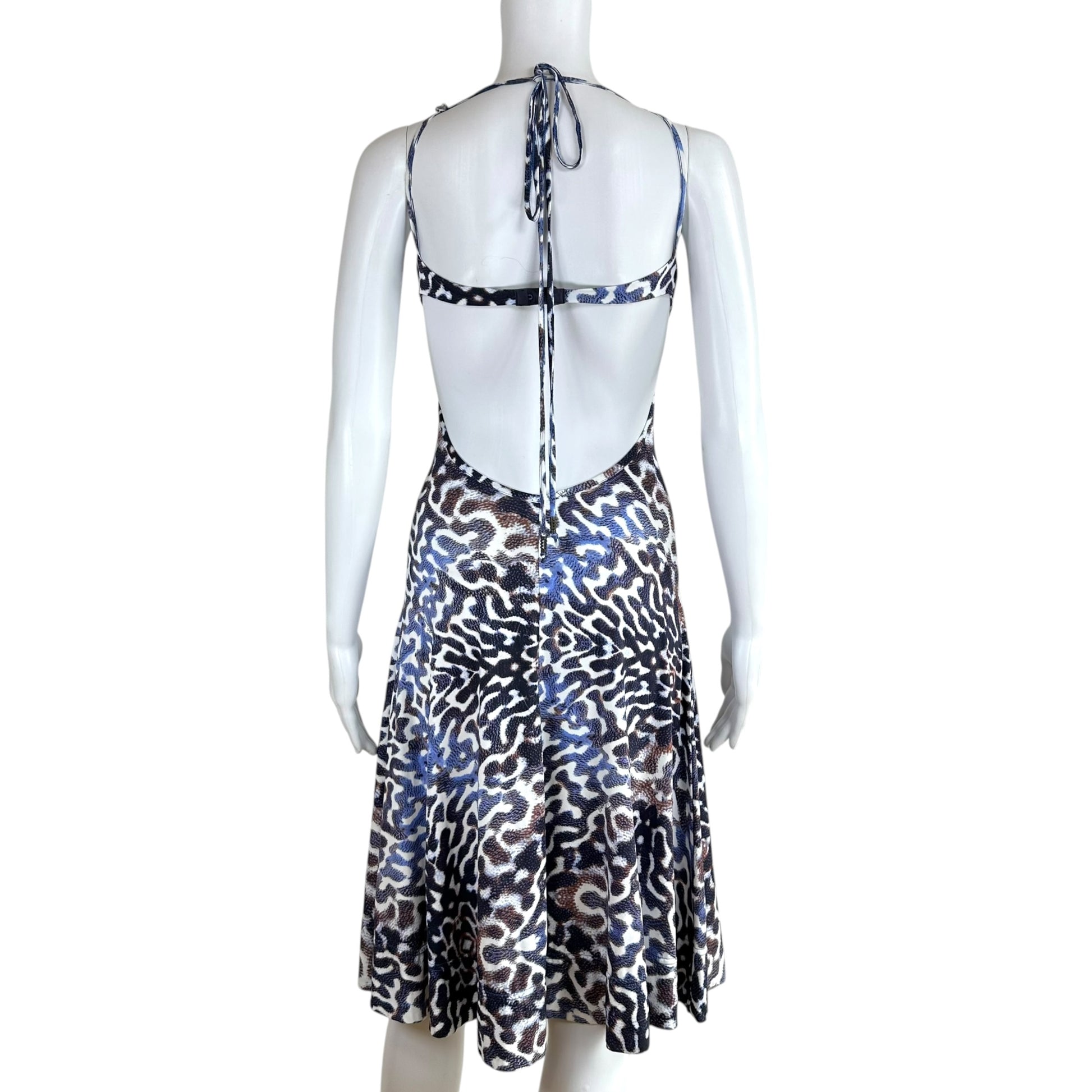 Roberto Cavalli Blue Brown Swirl Print Backless Midi Dress