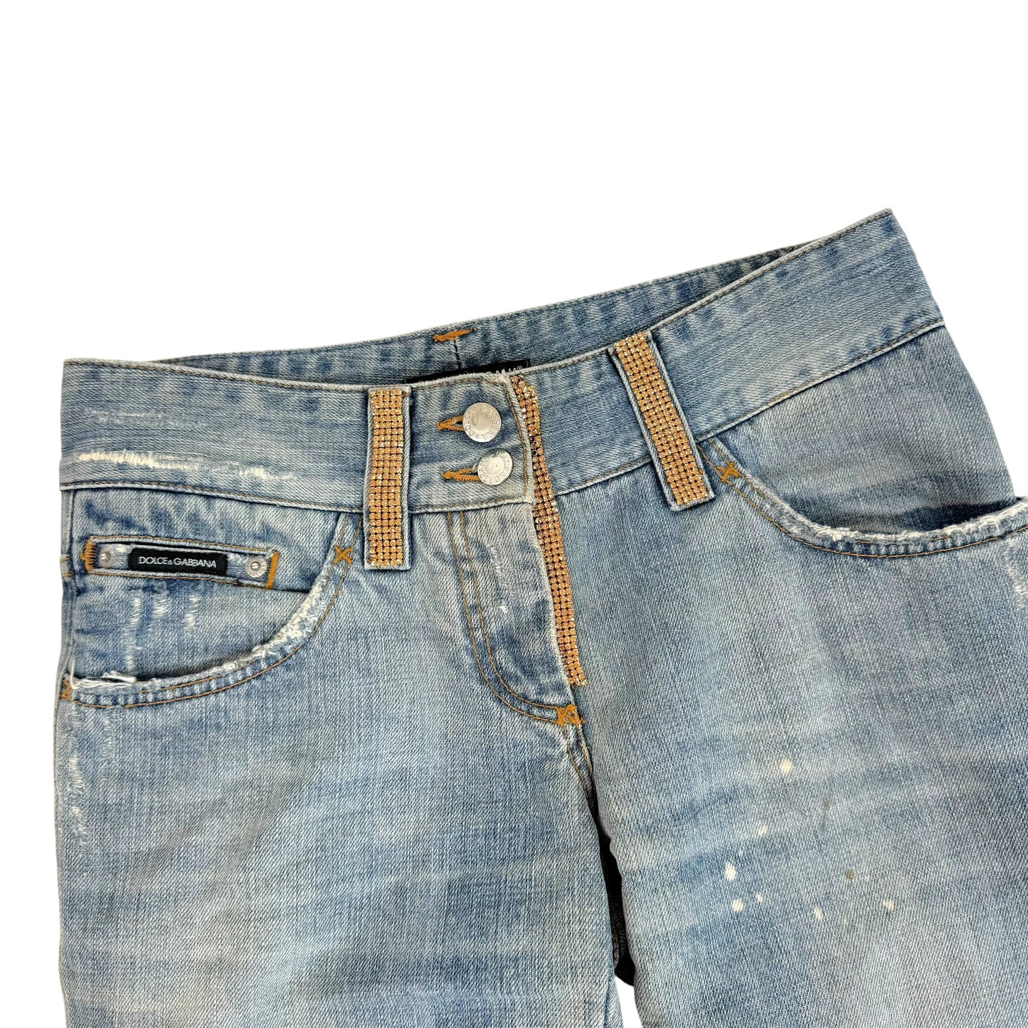 Dolce & Gabbana 'Hollywood Cowboy' Gold Rhinestone Embellished Distressed Jeans