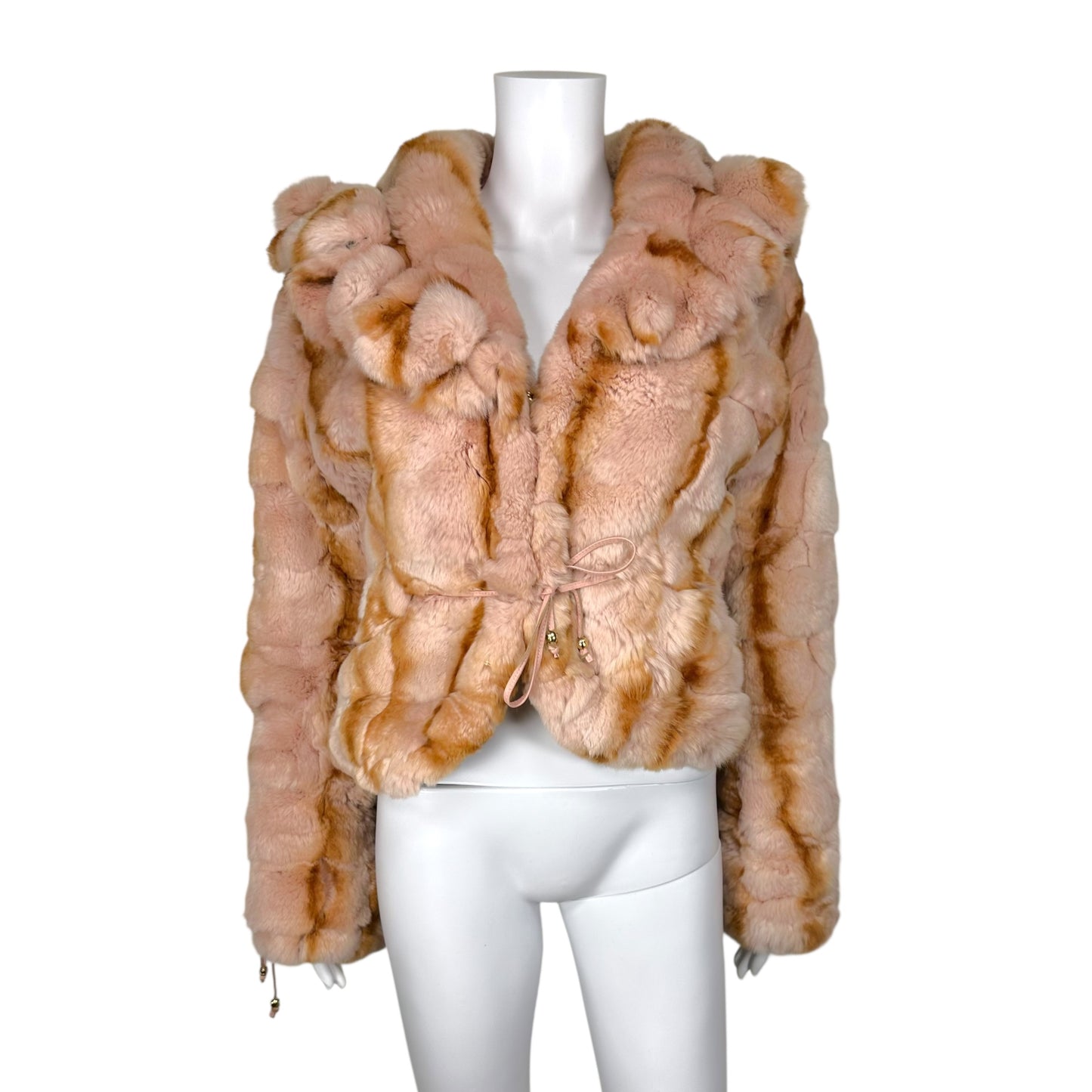 Roberto Cavalli Class Pink Rabbit Fur Coat w/ Leather Bows