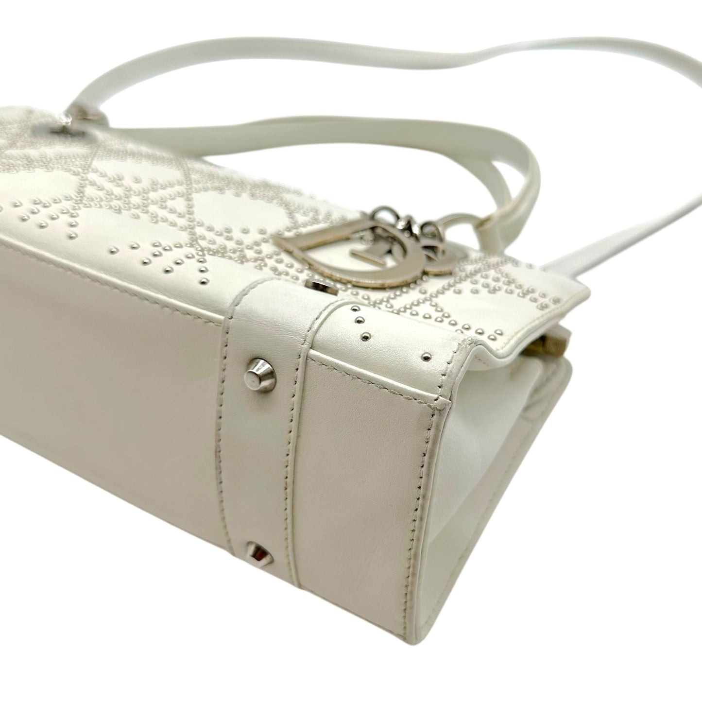 Christian Dior White Leather Studded East-West Bag