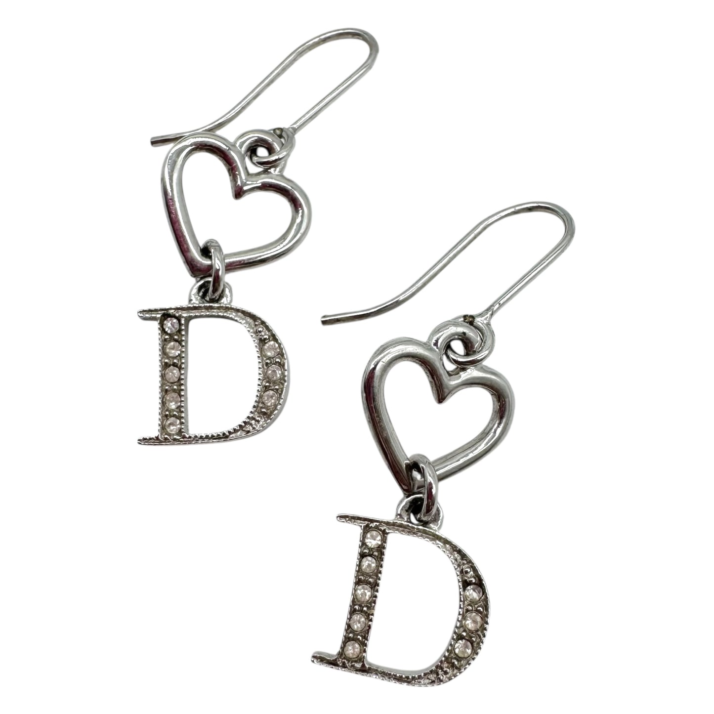 Christian Dior Silver Crystal Heart D Charm Dangly Earrings