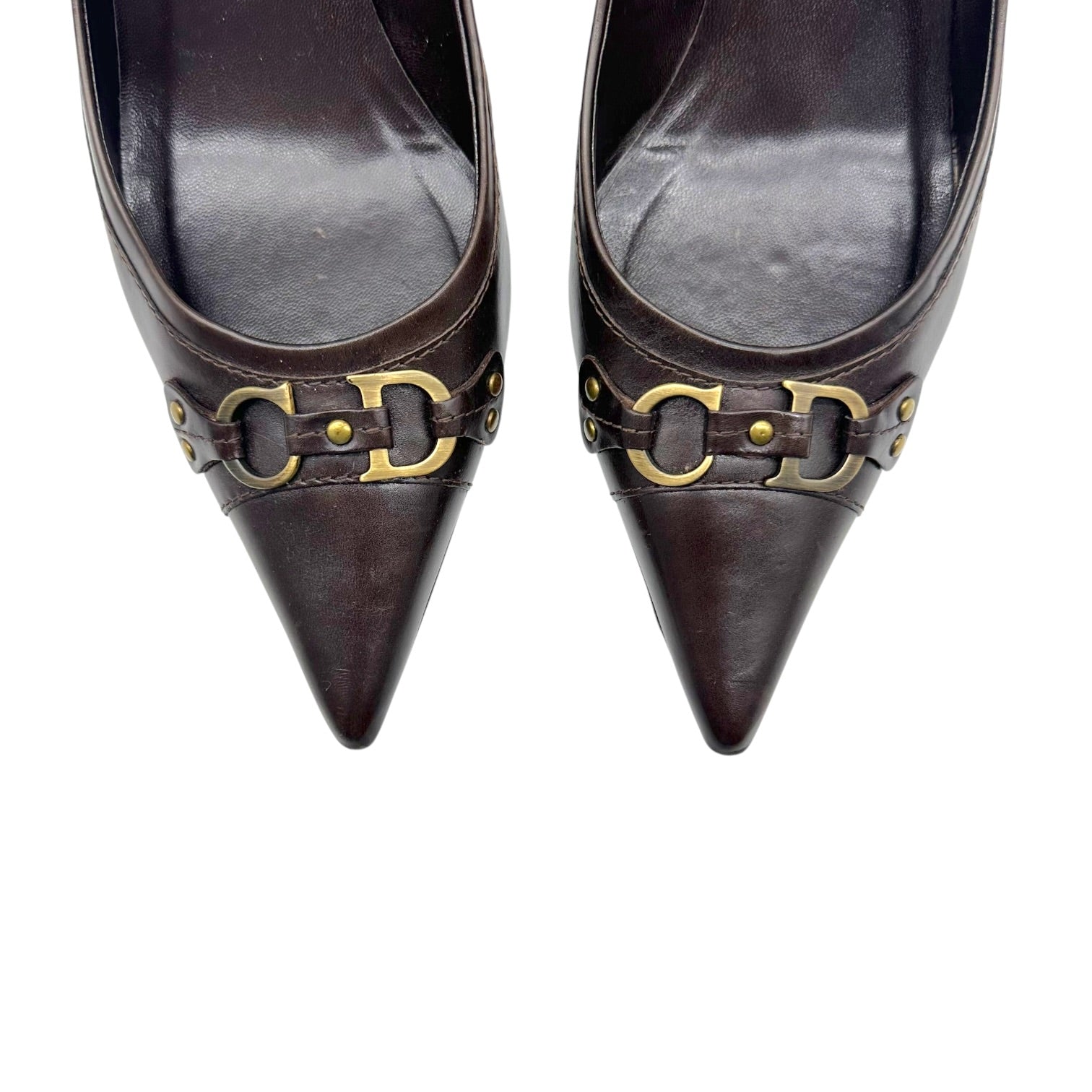 Christian Dior Brown Pointed Toe Heels with CD Logo Charm