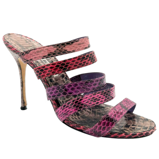 Manolo Blahnik Pink & Purple Strappy Snakeskin Mule Heels