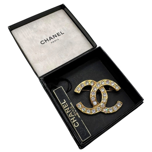 Chanel 80's Vintage Gold & Crystal Logo Brooch Pin