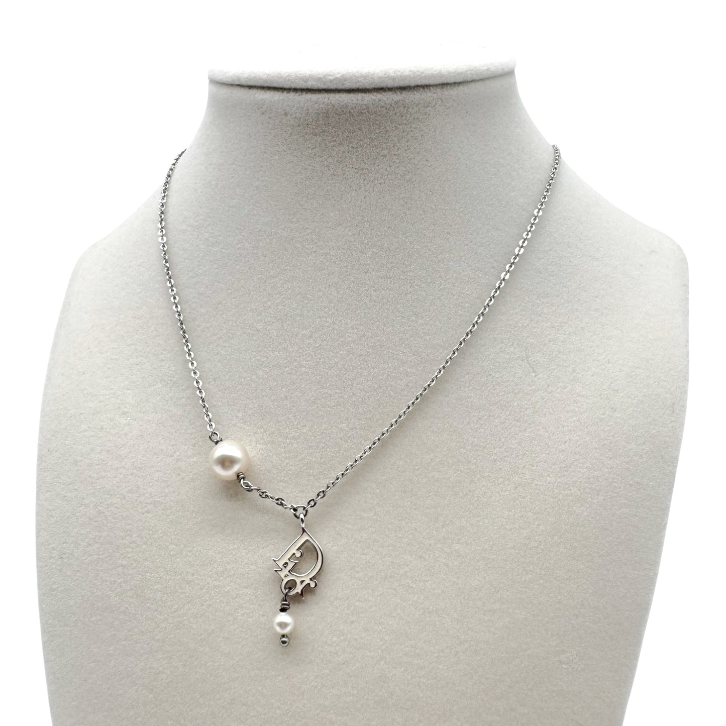 Christian Dior Silver Logo & Pearl Charm Necklace