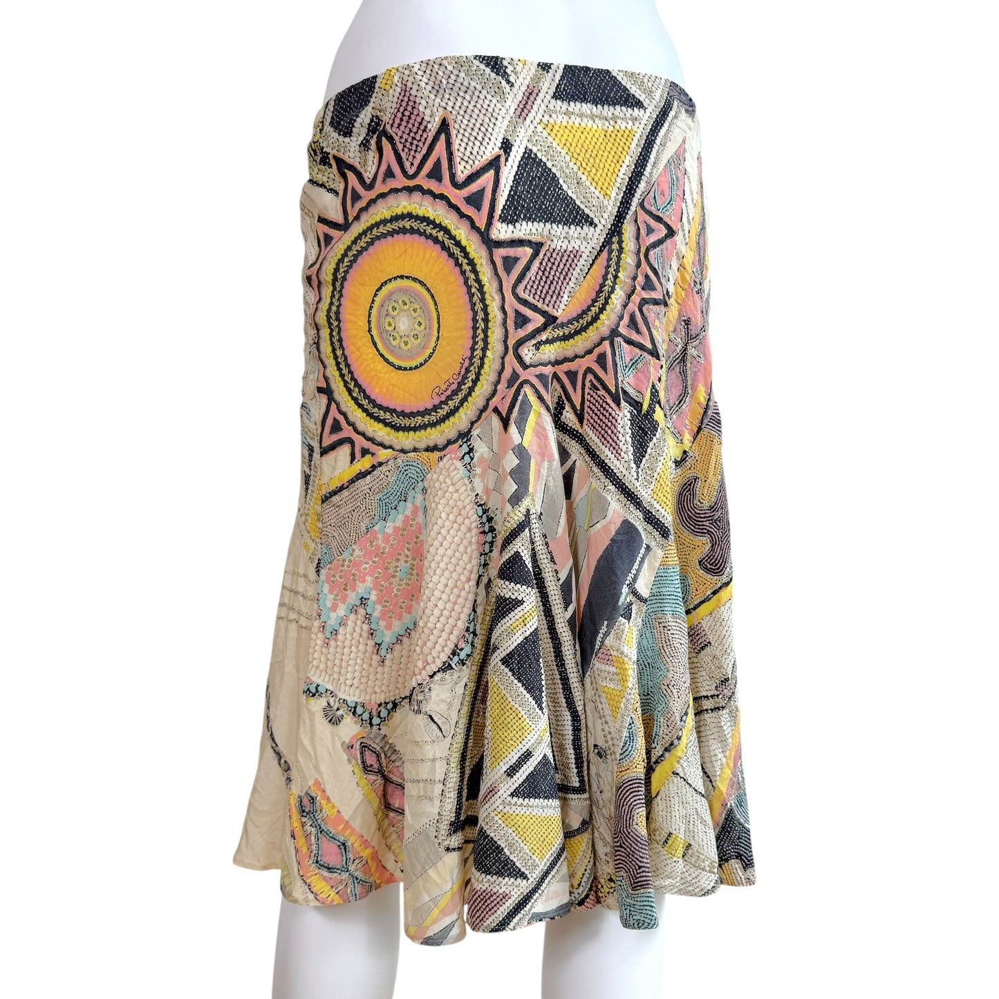 Roberto Cavalli S/S 2003 Metallic & Pastel Printed Silk Blouse & Midi Skirt Set