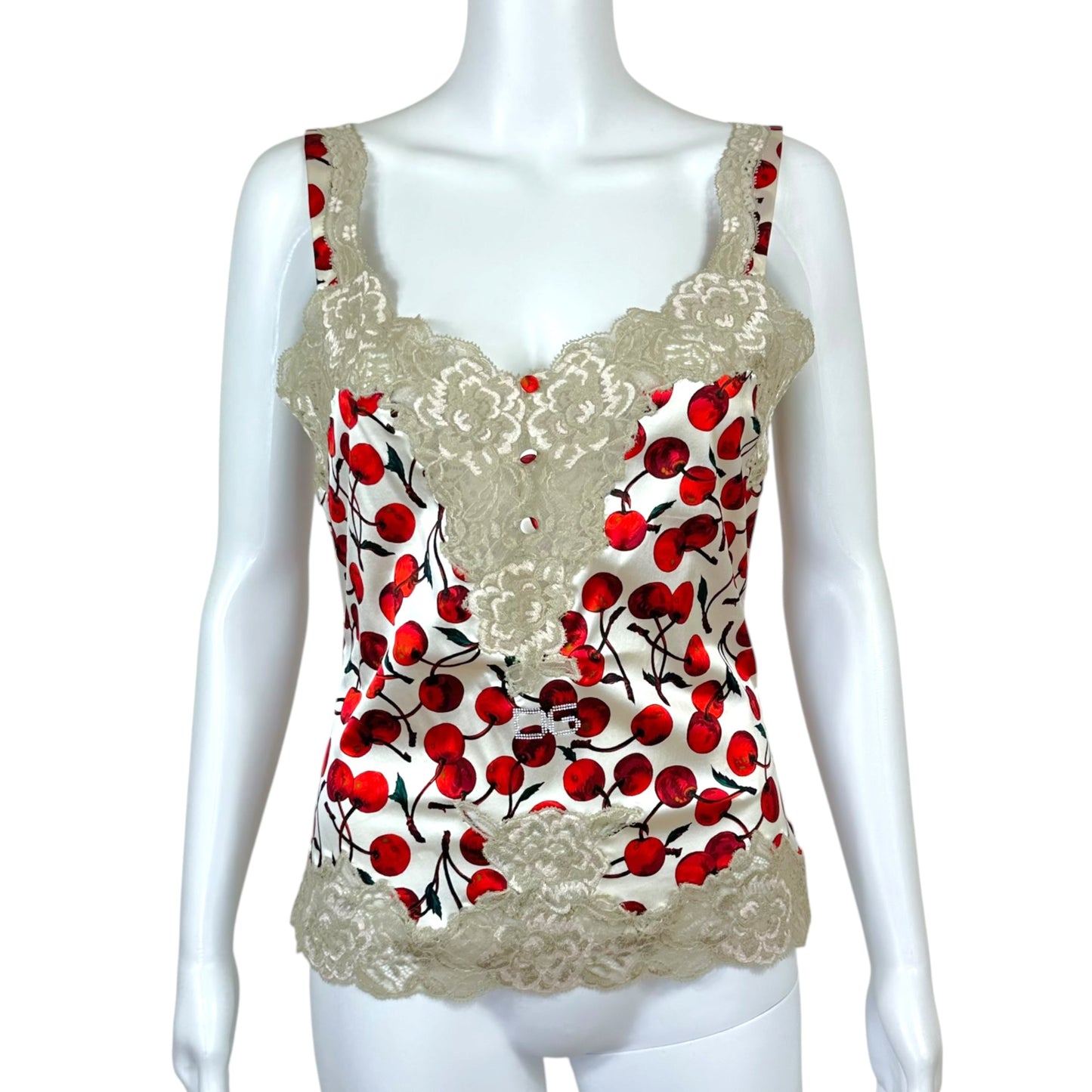 Dolce & Gabbana Cherry Print Silk Lace Trim Rhinestone Logo Cami Top