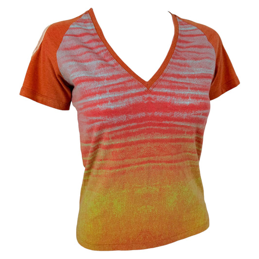 Roberto Cavalli Red Multicolor Denim V-Neck T-Shirt