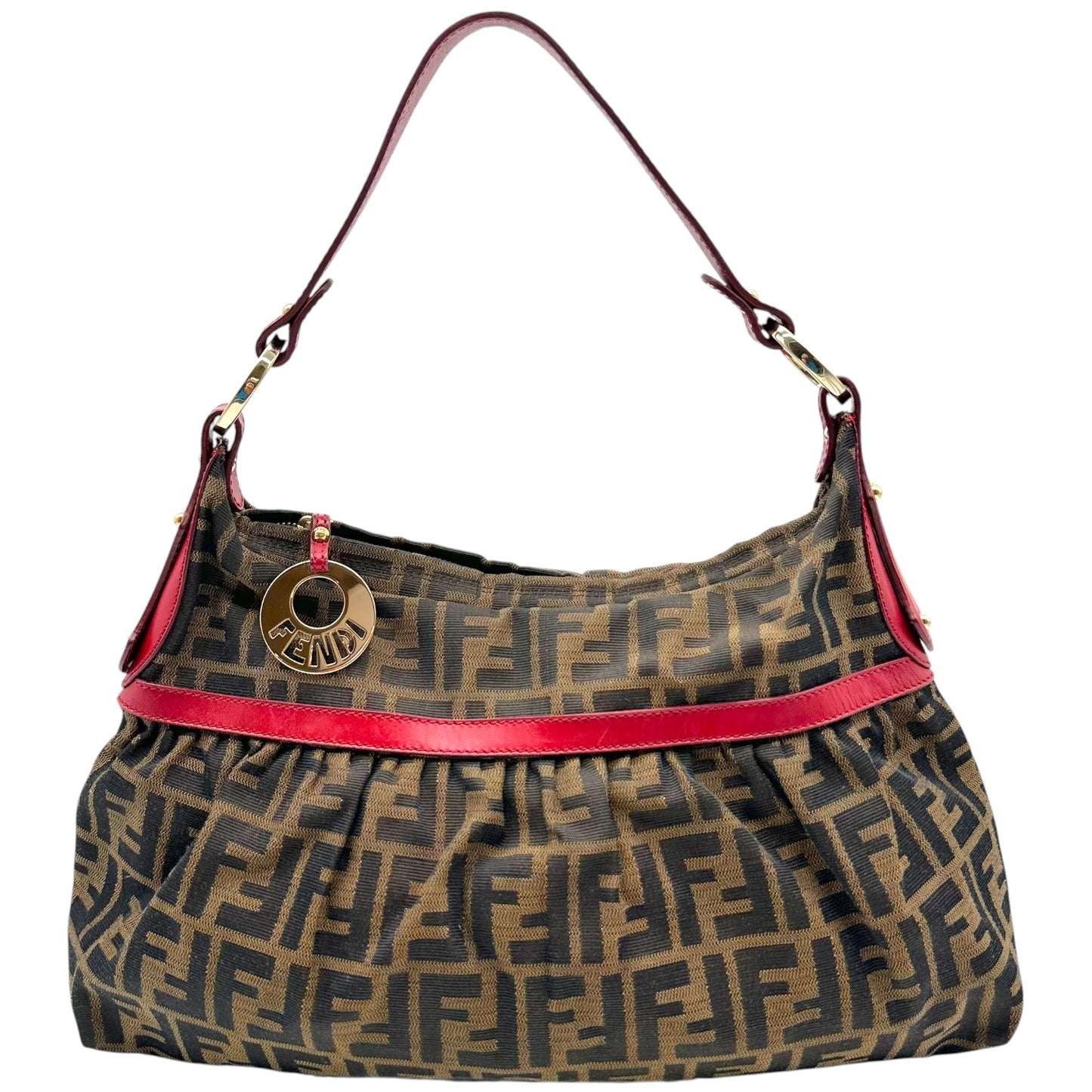 Fendi Zucca Monogram Shoulder Bag Red Leather Trim