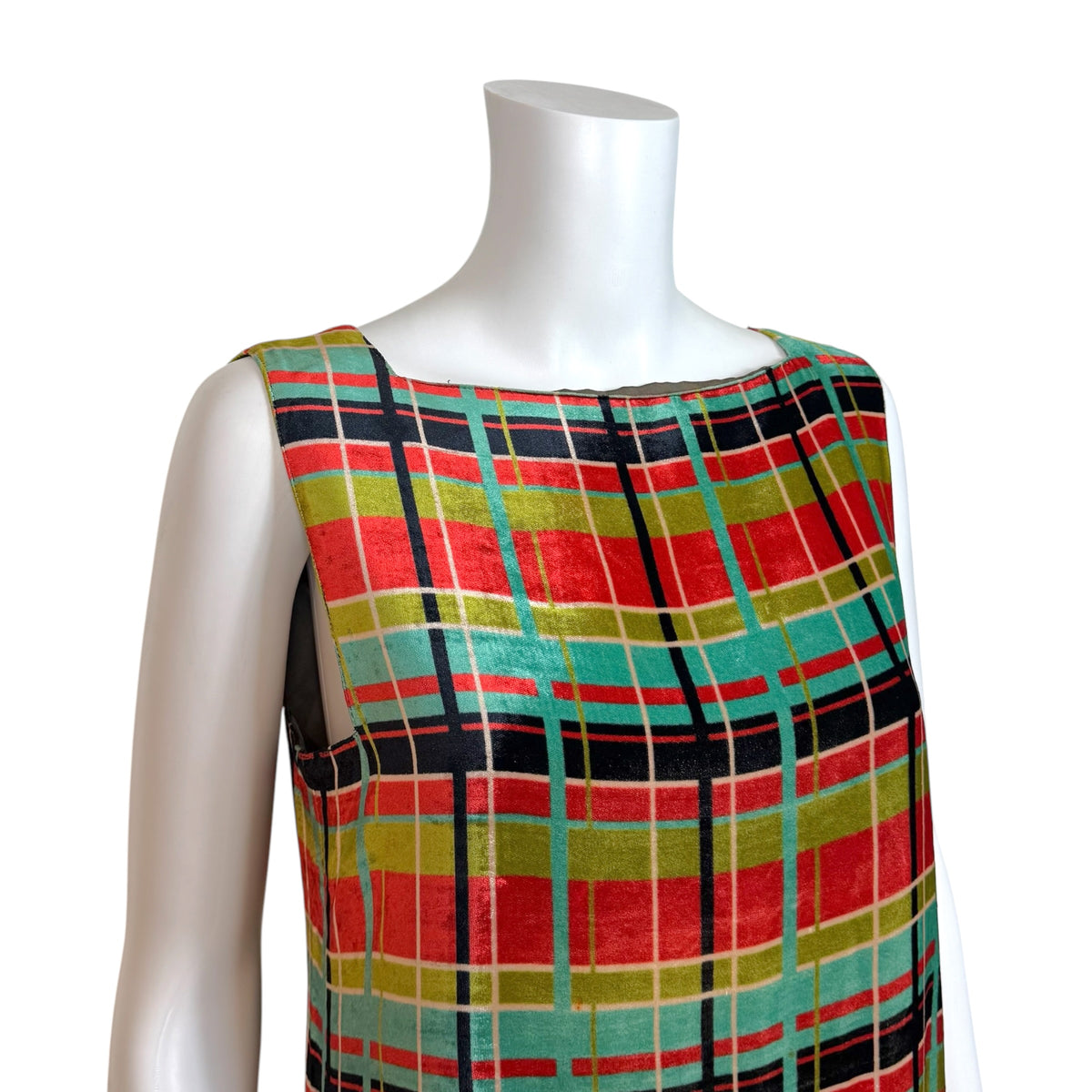 Jean Paul Gaultier S/S 1998 Multicolor Plaid Print Velvet & Fringe Trim Shift Midi Dress