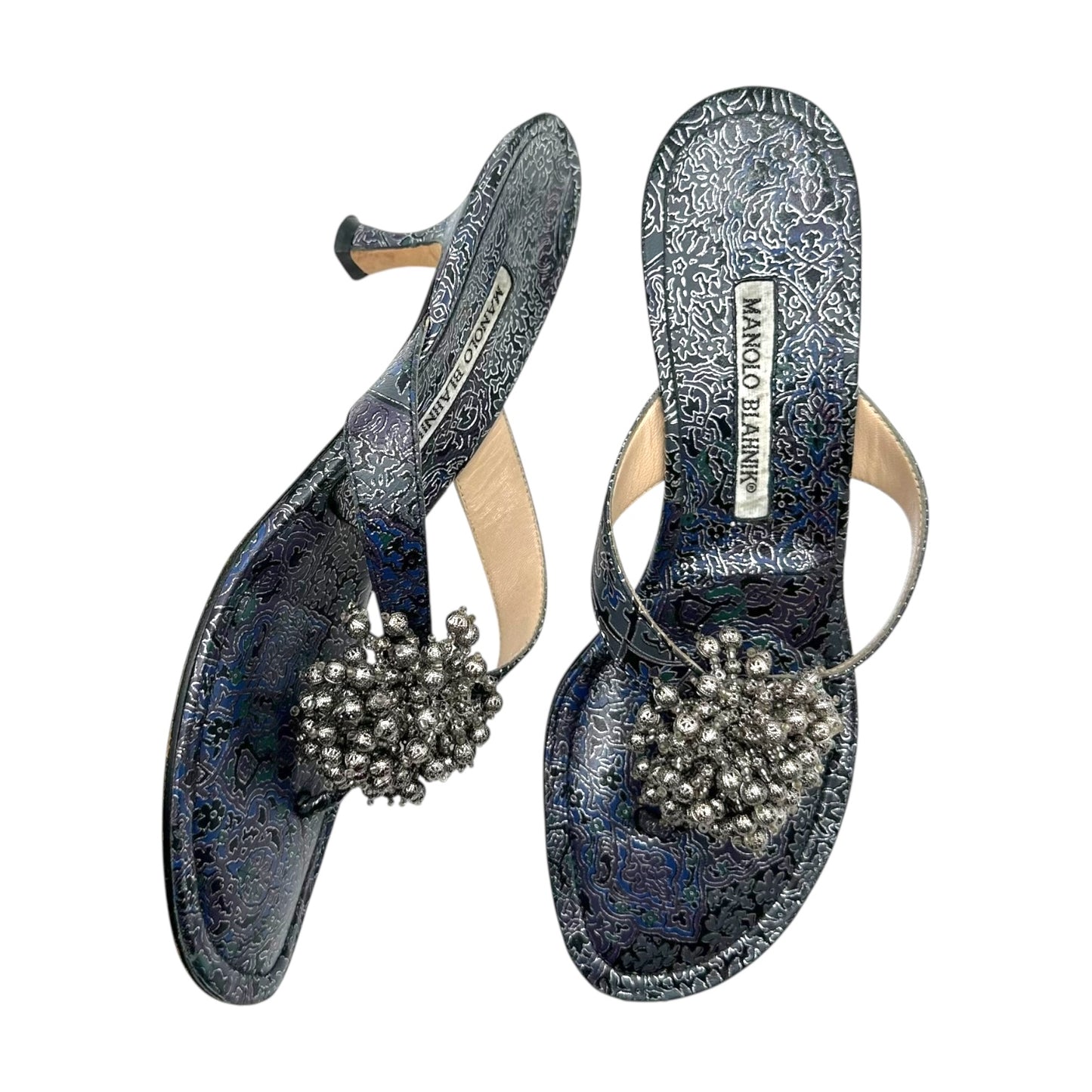 Manolo Blahnik Silver Beaded Kitten Heel Flip Flops
