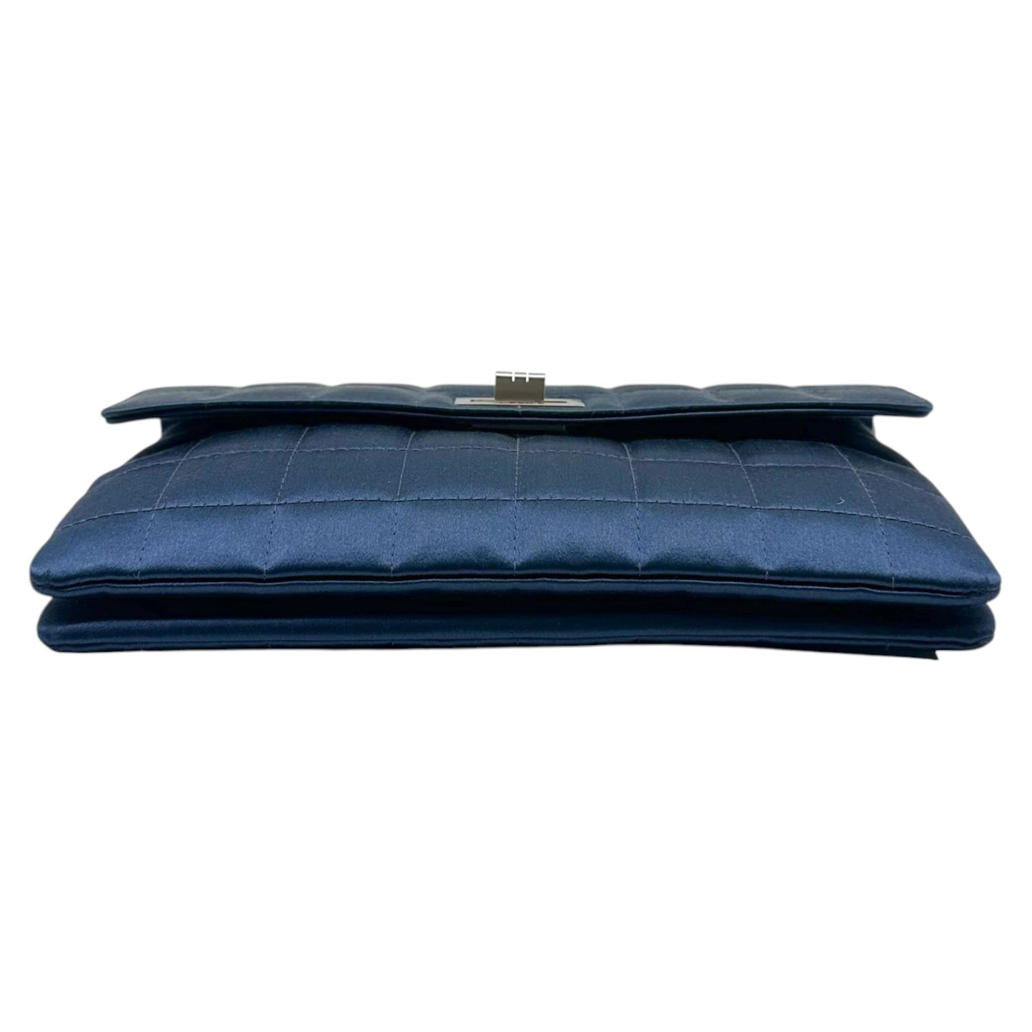 Chanel Blue Satin Quilted Wooden Handle Clutch Handbag