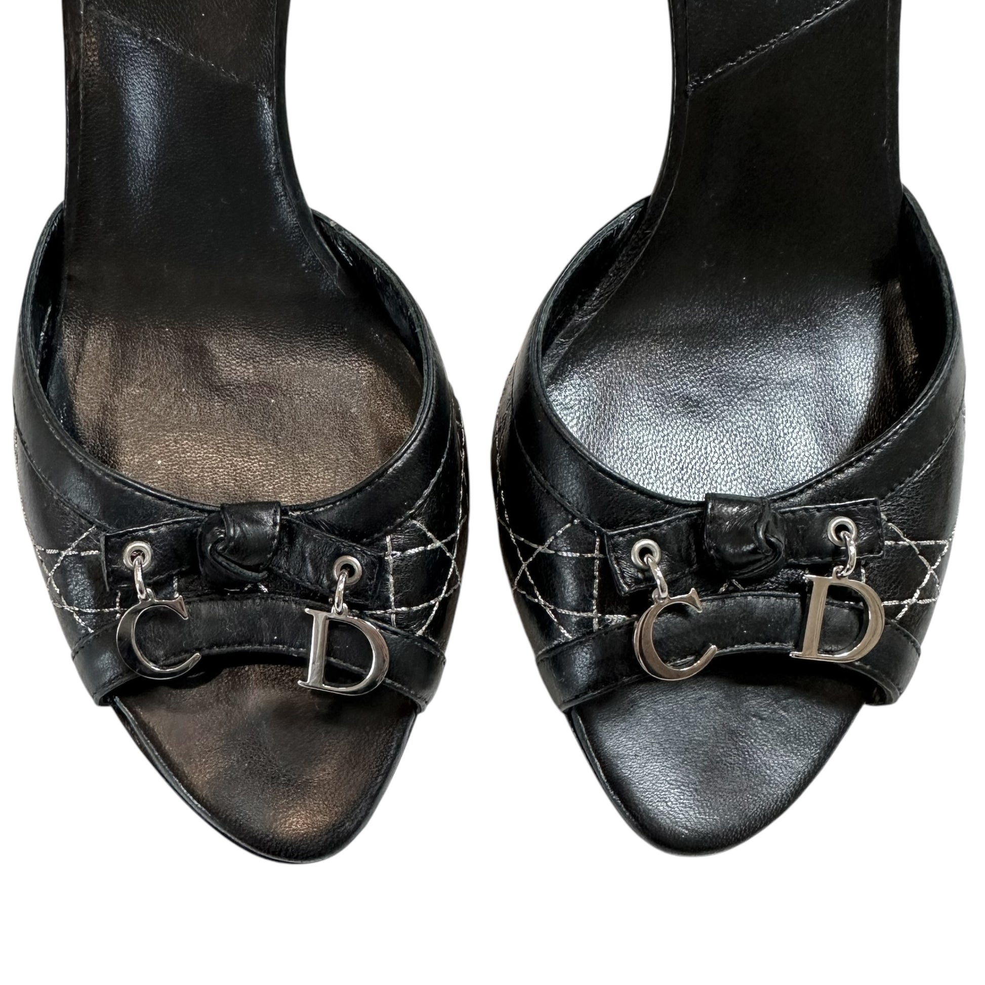 Christian Dior Black Leather Cannage Heeled Mule Sandals - Outfit Repeater