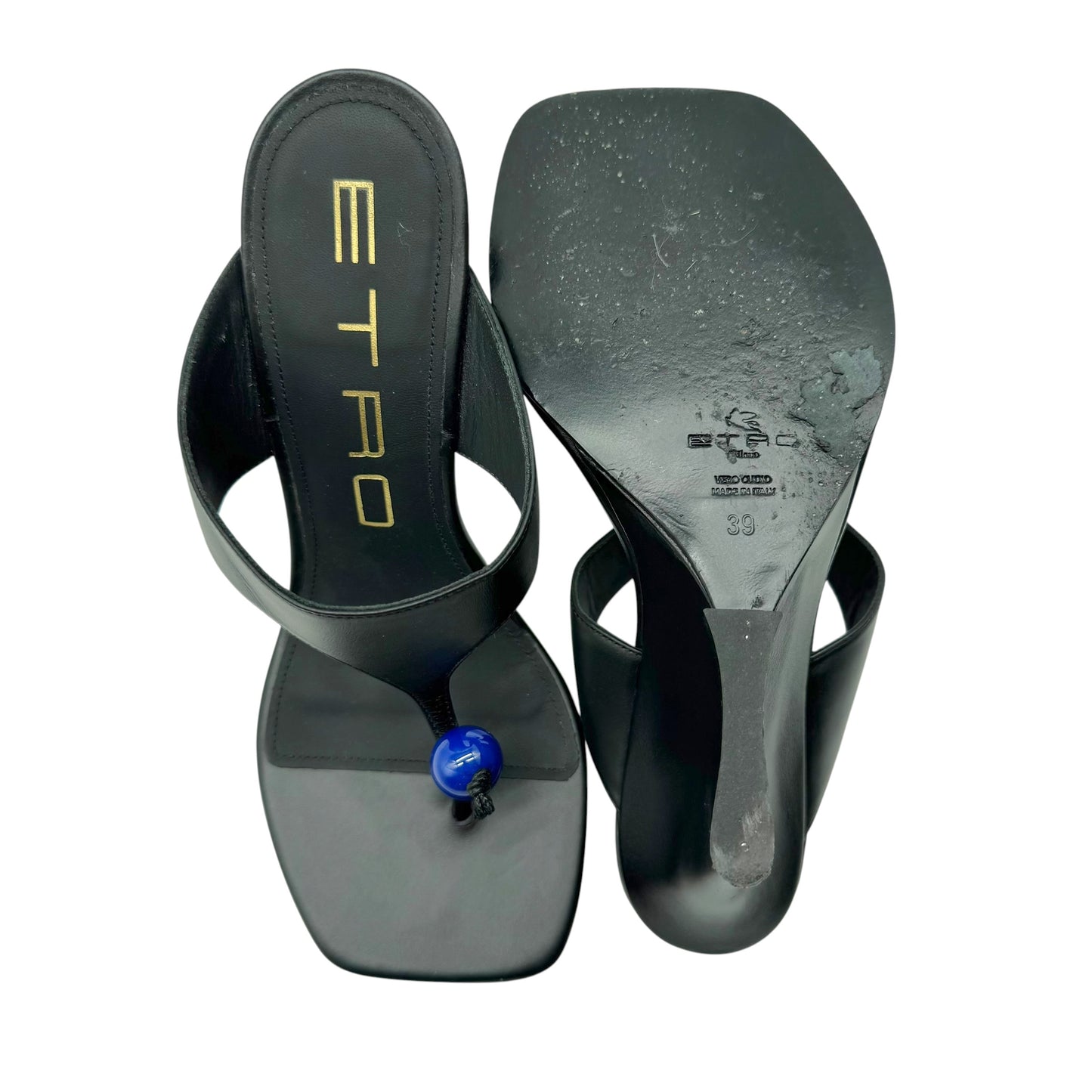 Etro Black Leather & Blue Bead Thong Sandal Wedge Heels