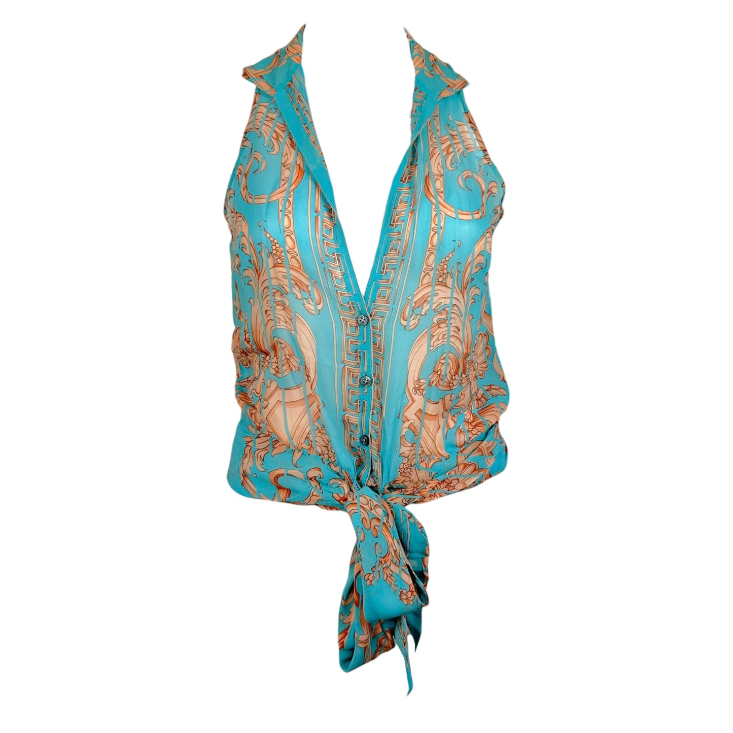 Gianni Versace Turquoise & Beige Damask Print Tie Front Sheer Silk Sleeveless Blouse
