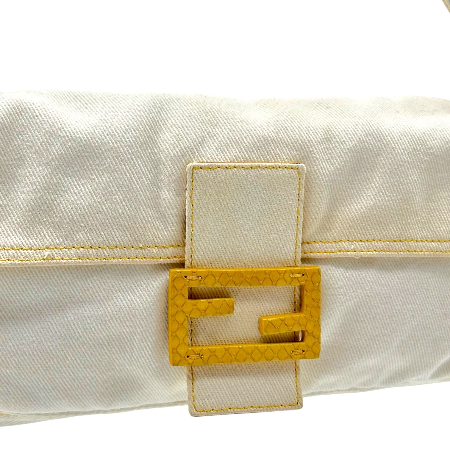 Fendi Baguette Bag White Denim Yellow Python Trim