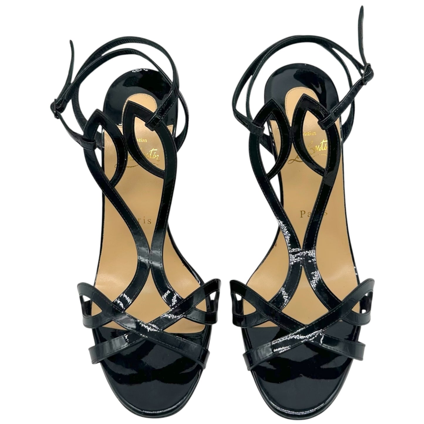 Christian Louboutin 'Double L' Black Strappy Patent Leather Sandal Stilettos