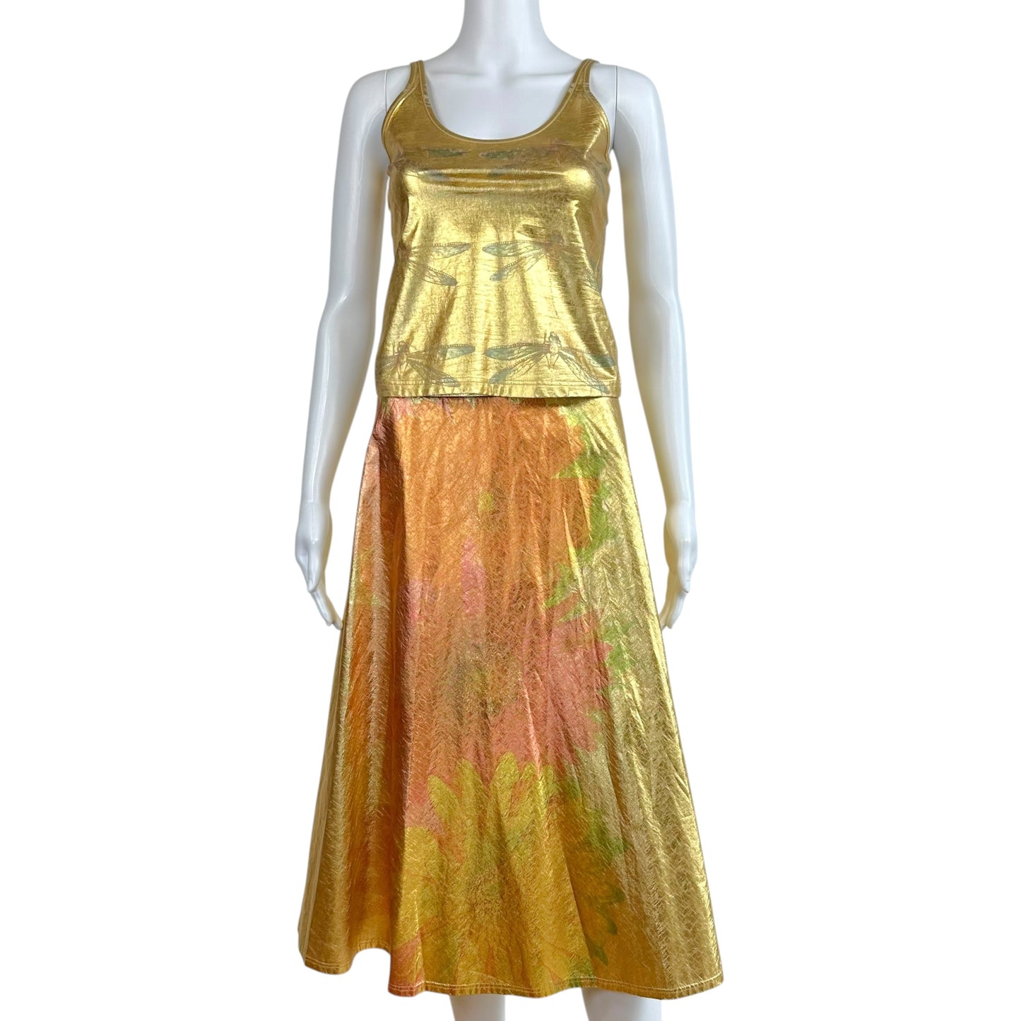 Roberto Cavalli Gold Metallic Lamé Dragonfly Tank Skirt Set