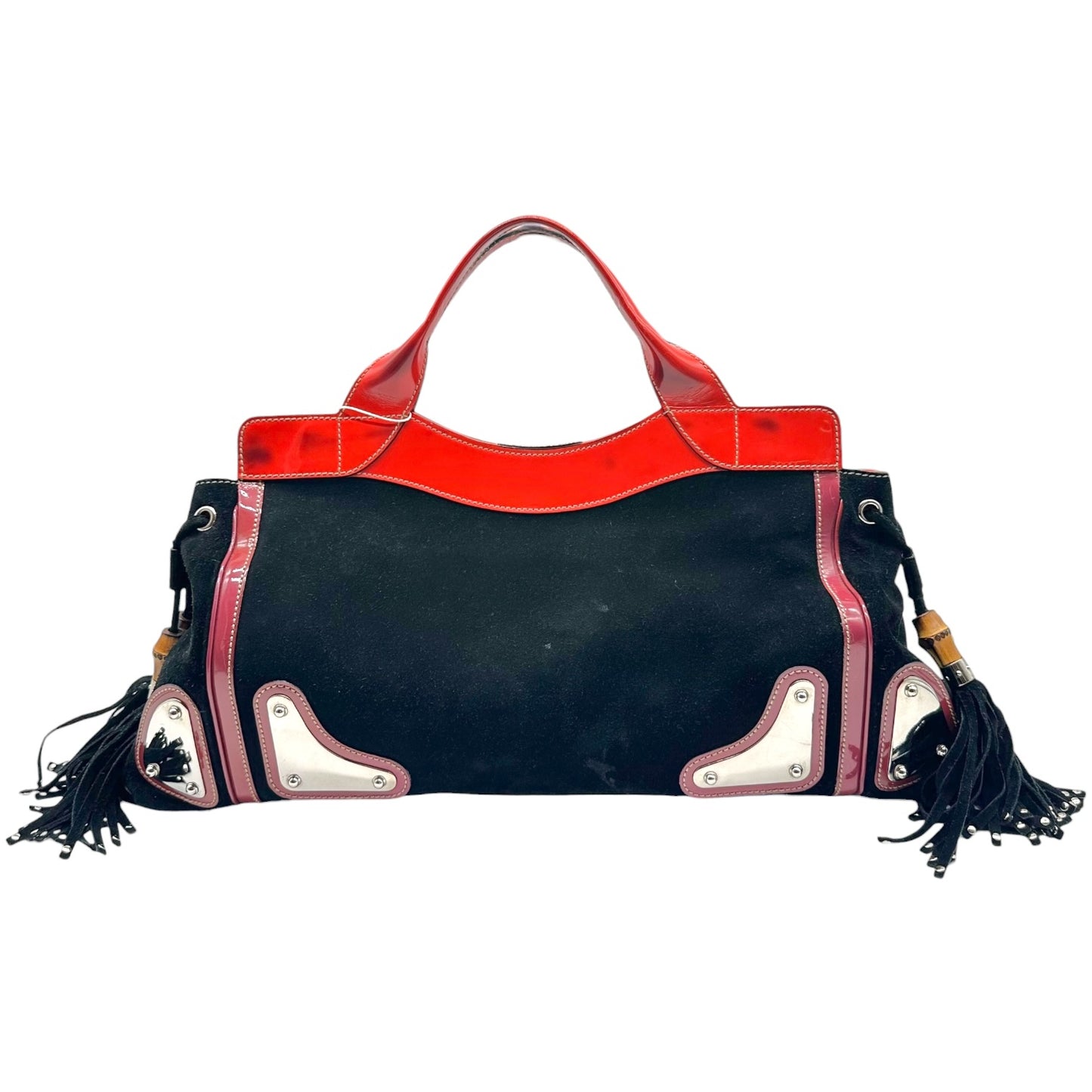Gucci Black Suede Red Patent Fringe Tote Bag