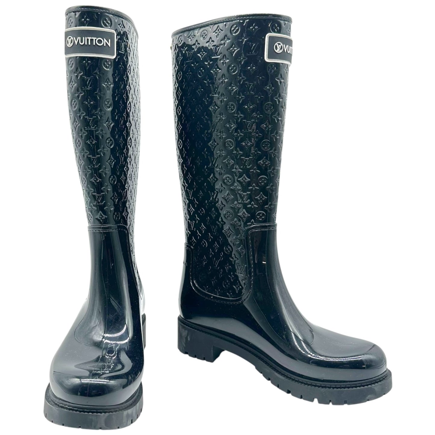 Louis Vuitton Black Shiny Rubber Embossed Monogram Rain Boots