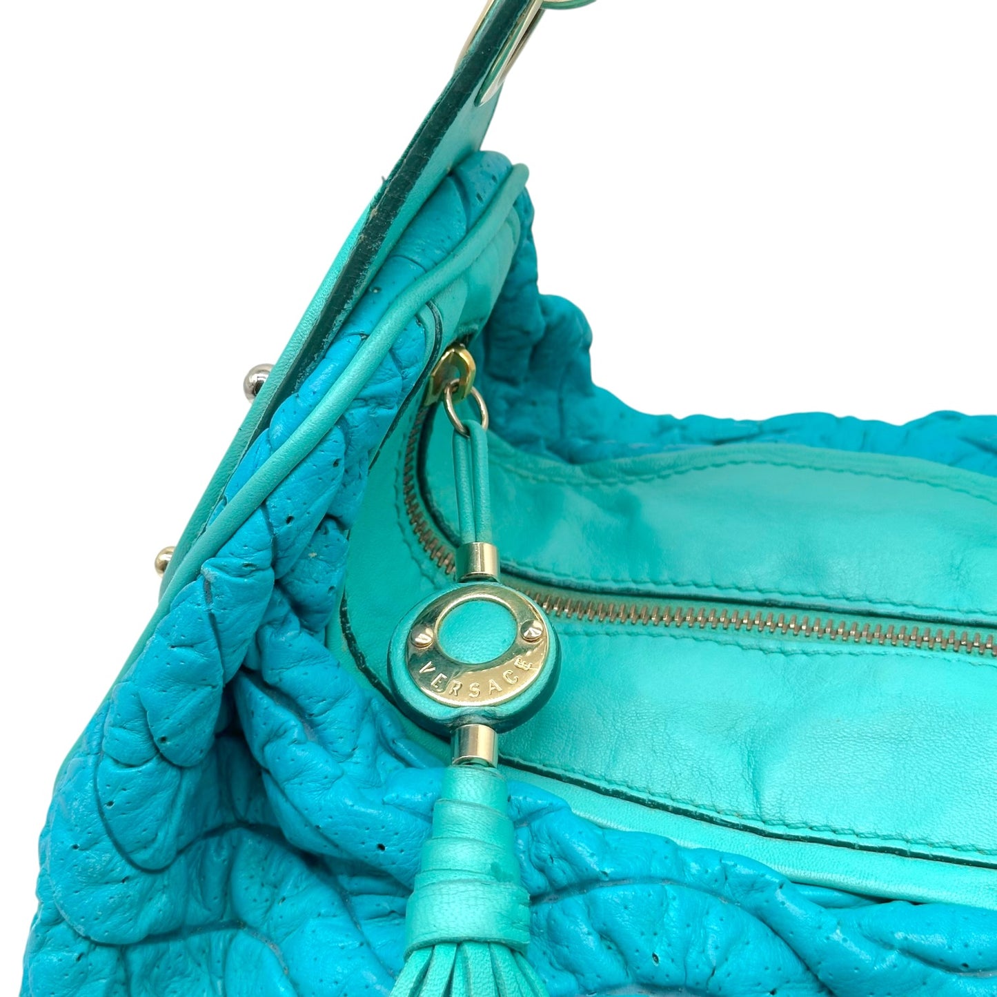 Versace Turqouise Blue Wave Quilted Lambskin Large Hobo Bag