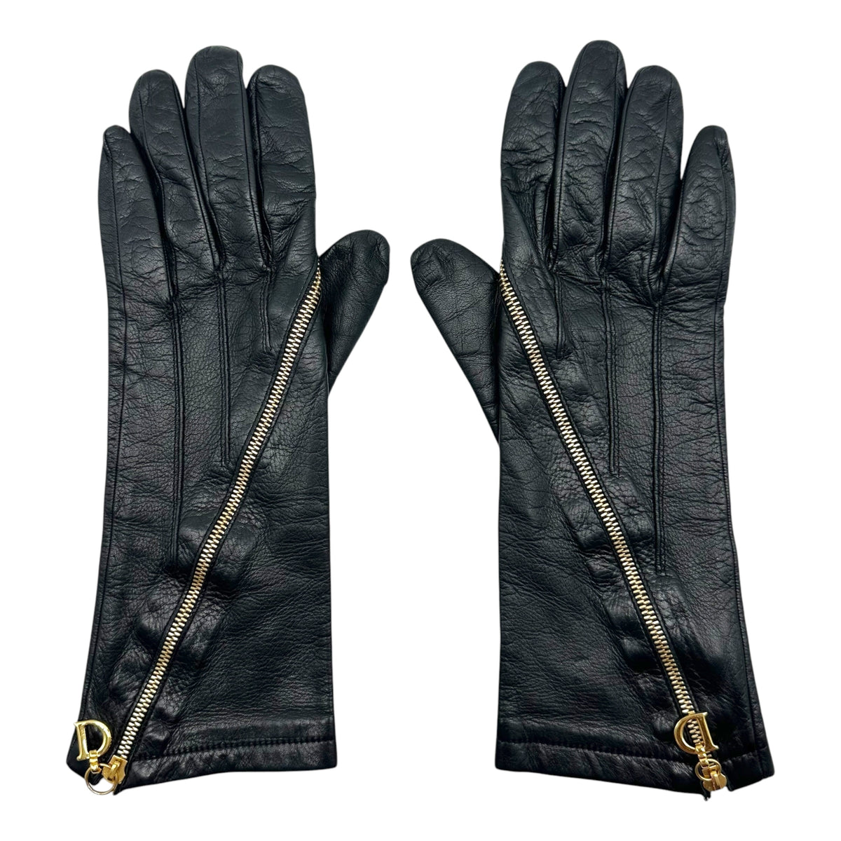 Christian Dior Black Lambskin Gloves with Gold Zipper