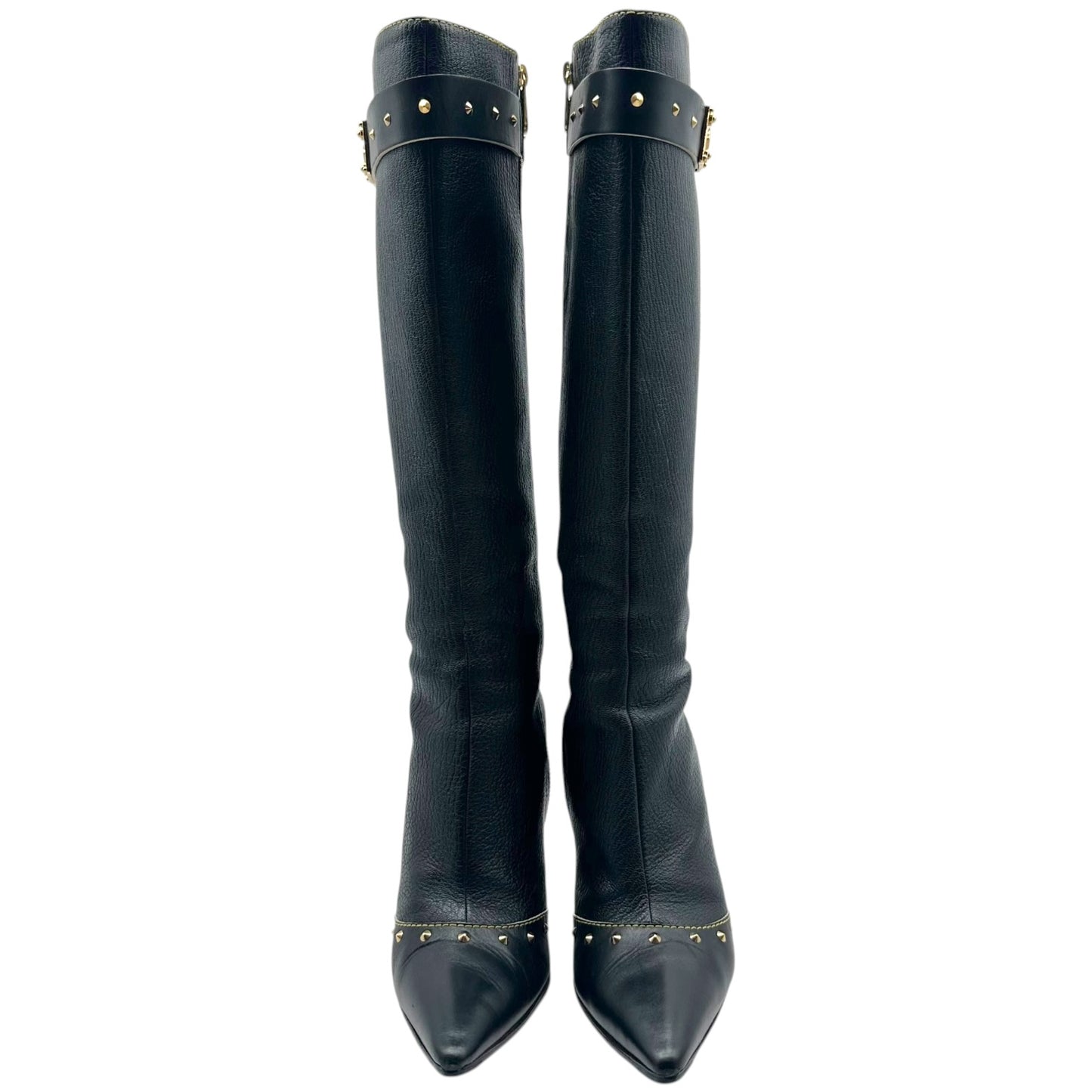 Louis Vuitton Black Leather Gold Studded Heeled Knee High Boots