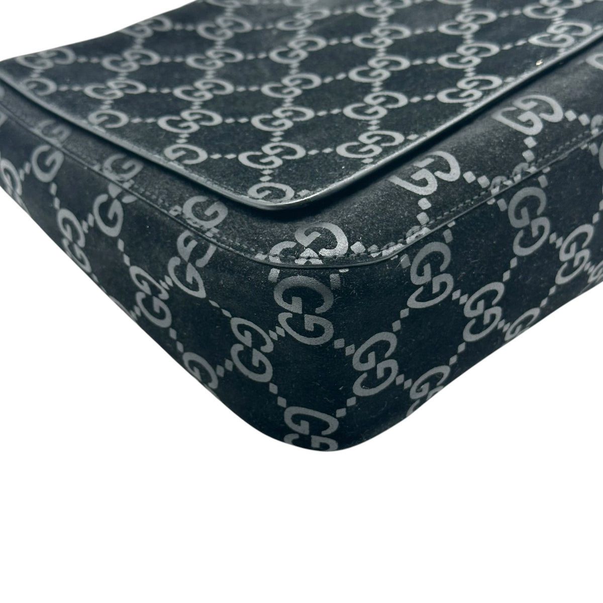 Gucci Black Embossed Suede Shoulder Bag with Metal Strap